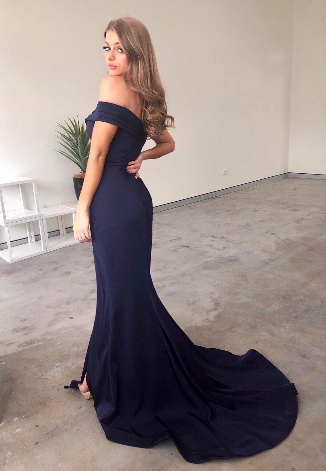 Tina Holly Couture Designer BA155 Navy French Satin Off Shoulder Gown