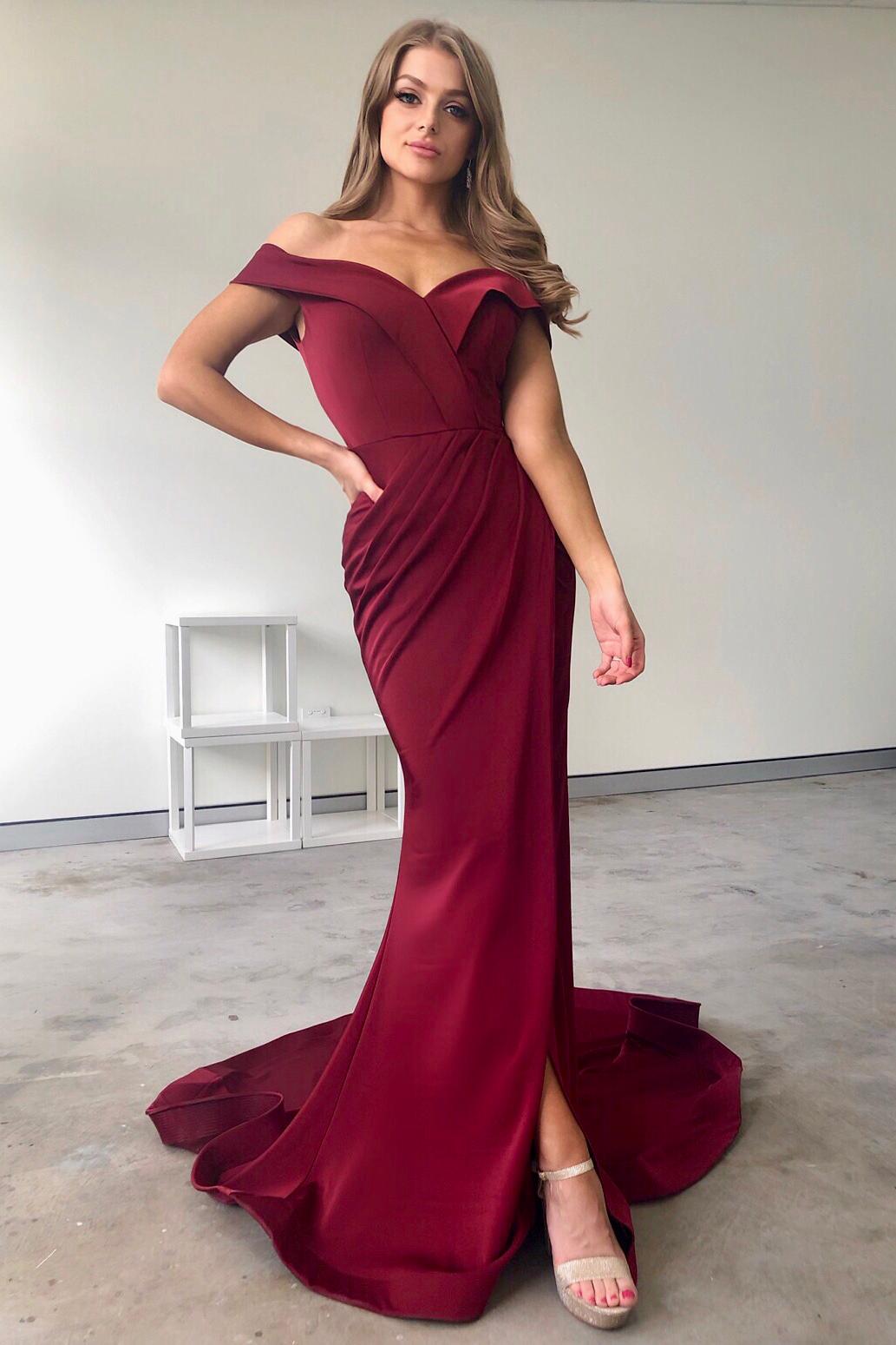 Tina Holly Couture BA306 Wine French Satin Off Shoulder Mermaid Dress