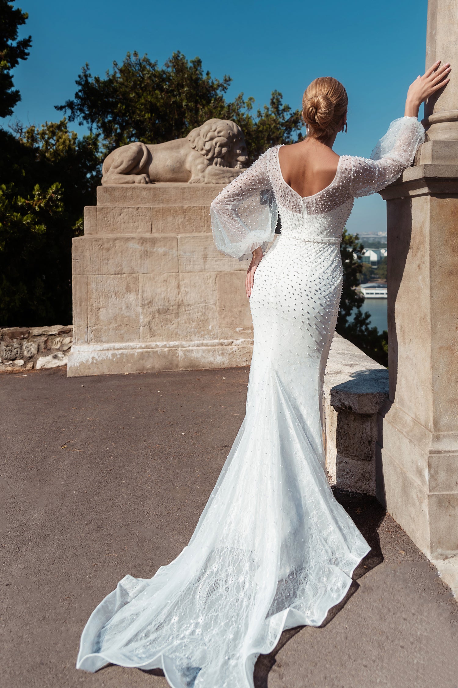 Tina Holly Couture BB016 Off White Mermaid Fitted With Pearls, Sheer Long Sleeves Wedding Dress