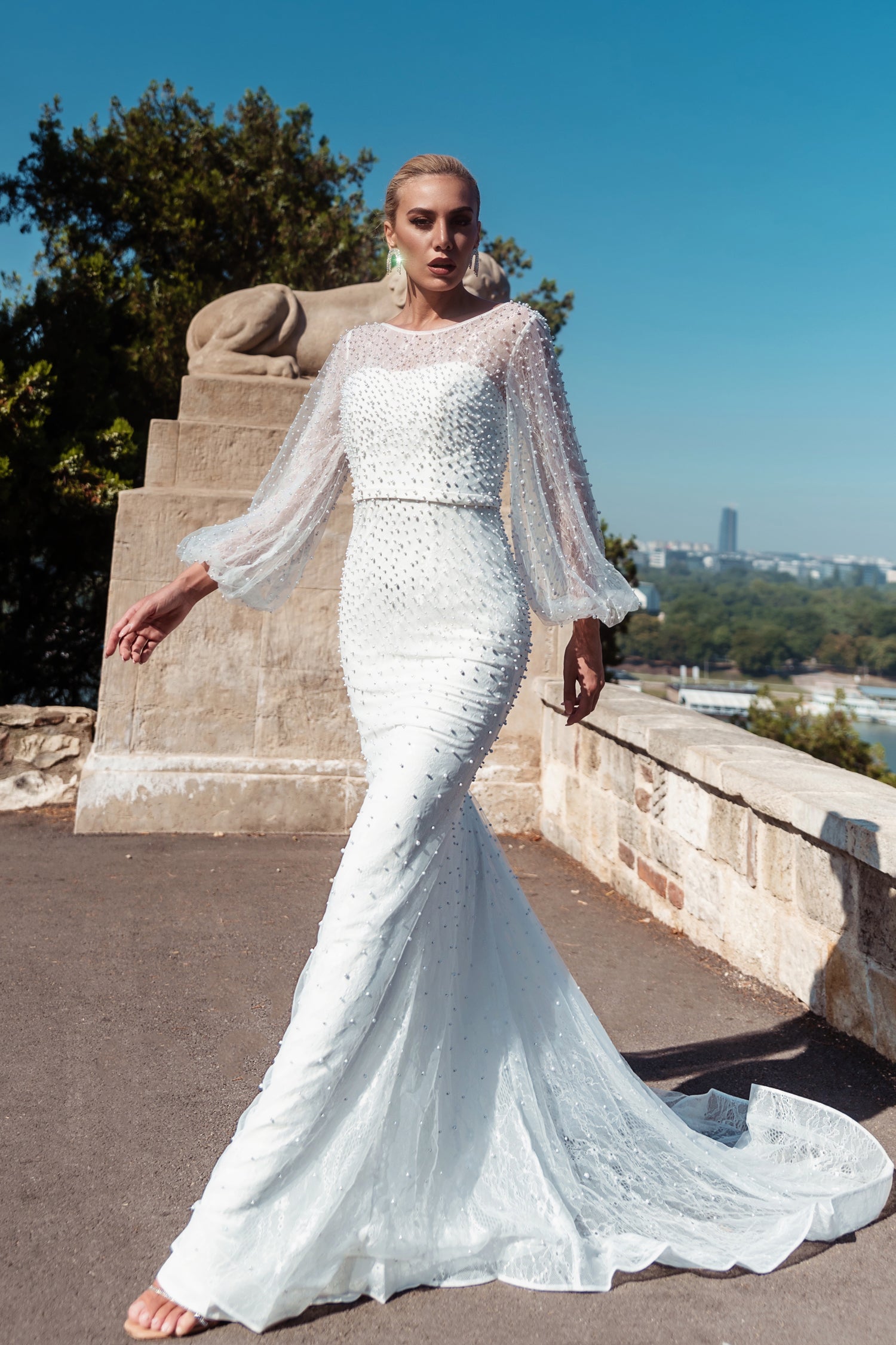 Tina Holly Couture BB016 Off White Mermaid Fitted With Pearls, Sheer Long Sleeves Wedding Dress