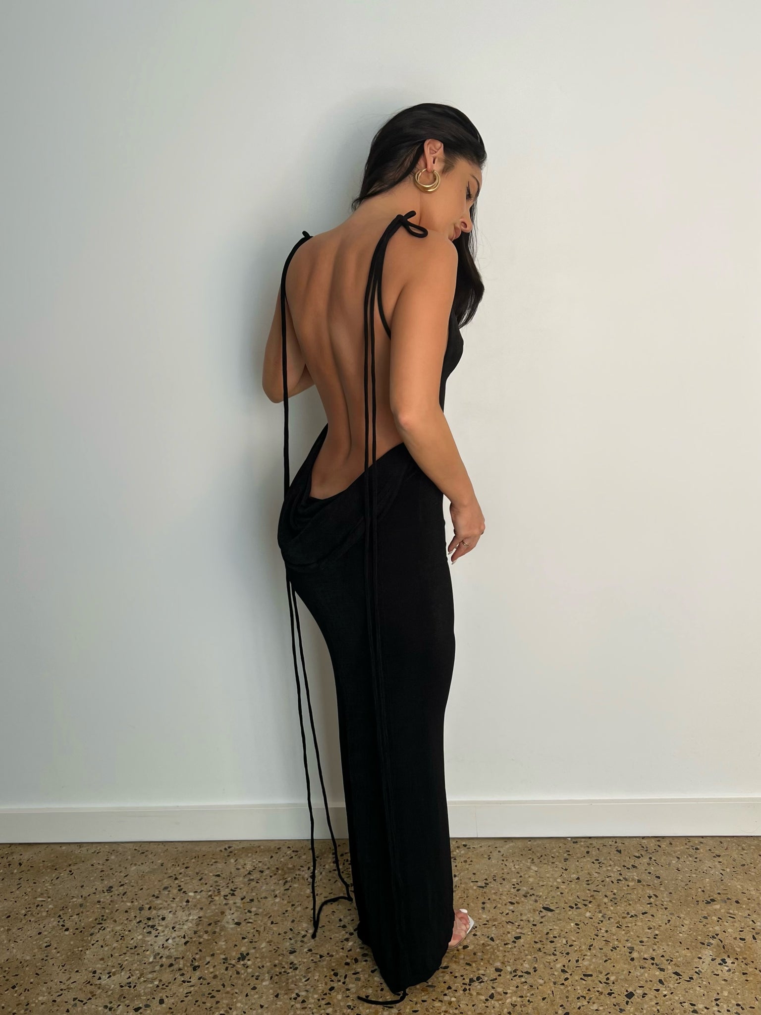 MÉLANI The Label CHRISTINA Drape Back Dress in Black