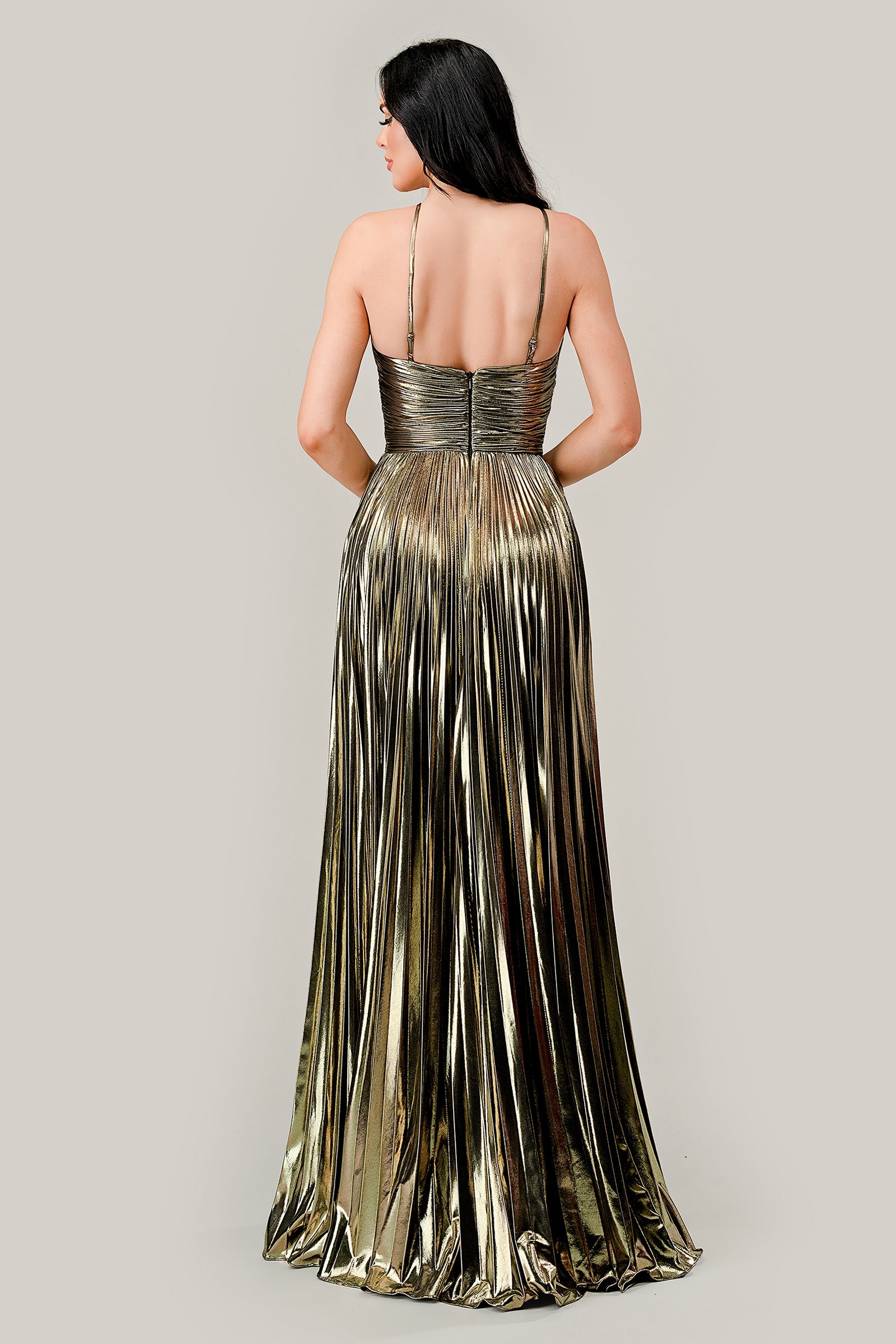 RUE Lame Metallic Shimmer Pleated Halter Neck A Line Prom & Formal Dress