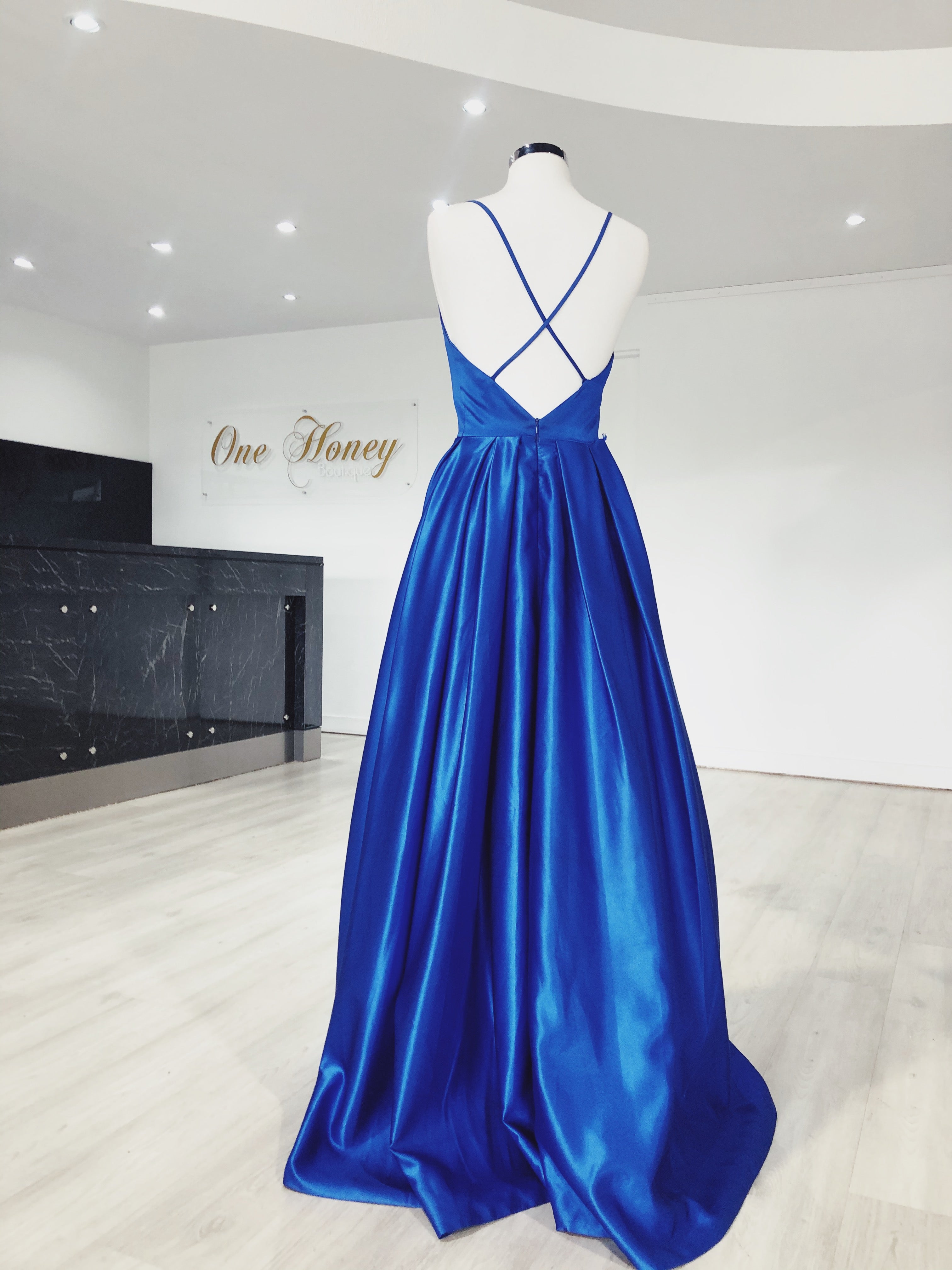 Honey Couture MALISA V Front Satin Ballgown Formal Dress