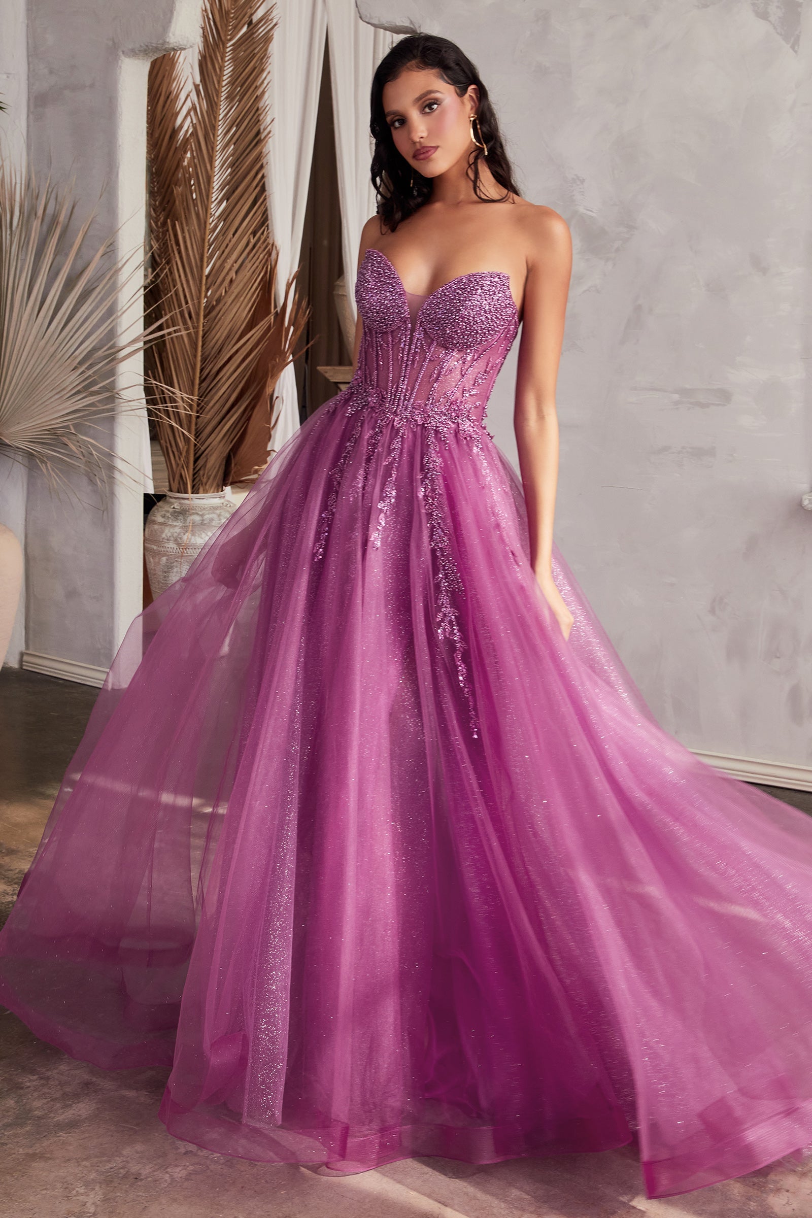 YZMA Strapless Beaded Bustier Tulle A-Line Formal Dress