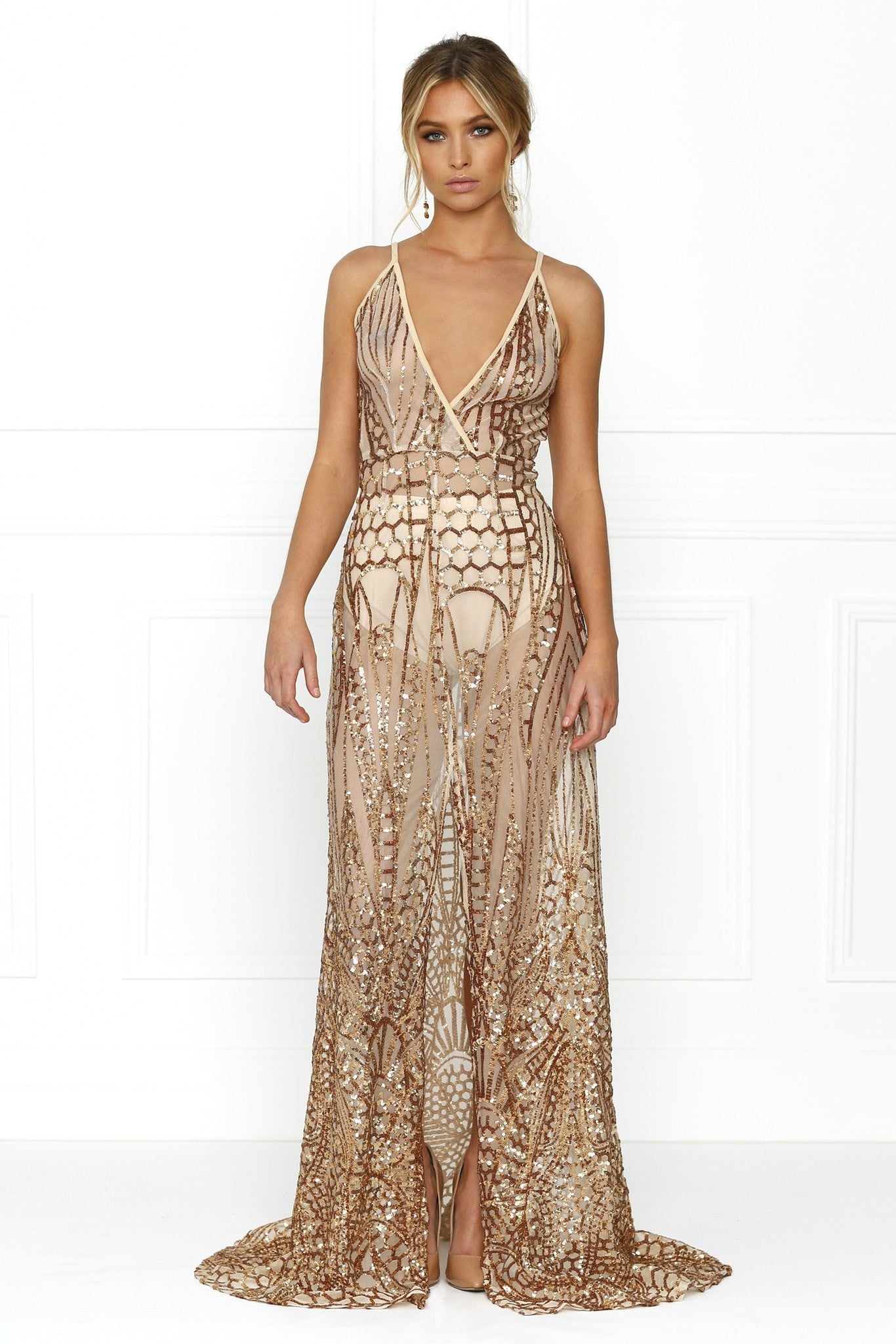 Honey Couture SIENA Rose Gold Sheer Sequin w Split Evening Gown Dress