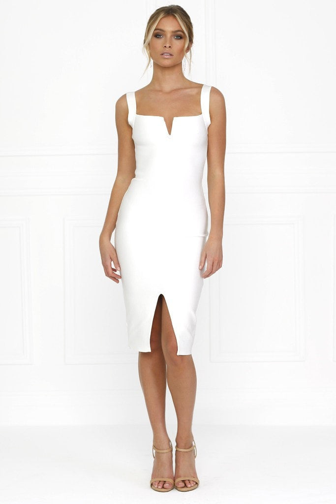 Honey Couture SONIA White Thick Strap w V Midi Bandage Dress