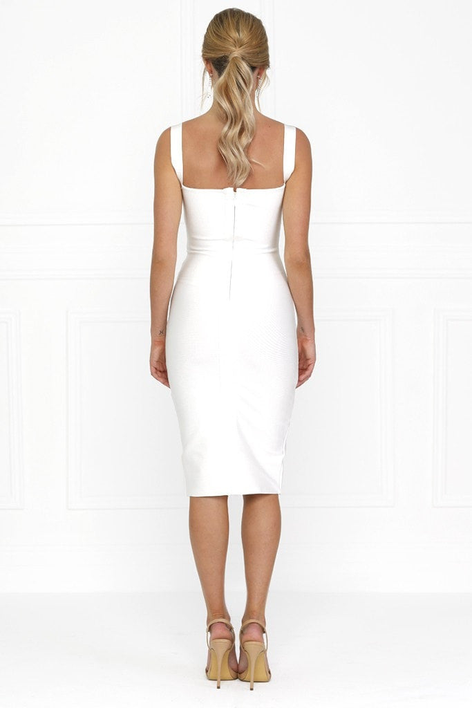 Honey Couture SONIA White Thick Strap w V Midi Bandage Dress