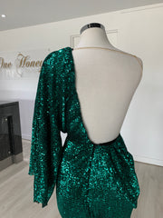 Honey Couture SHAKIRA Emerald Green One Sleeve Sequin Formal Dress