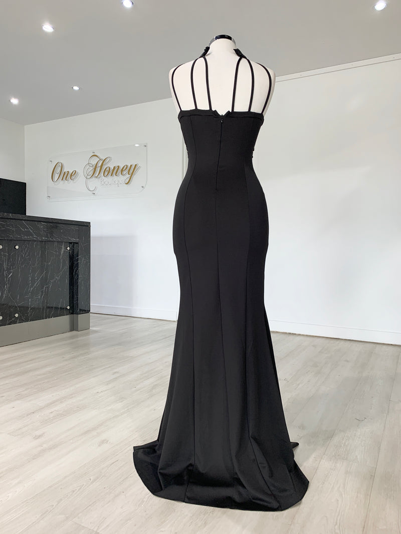 Honey Couture VALERIA Black Beaded Halter Formal Gown – One Honey Boutique