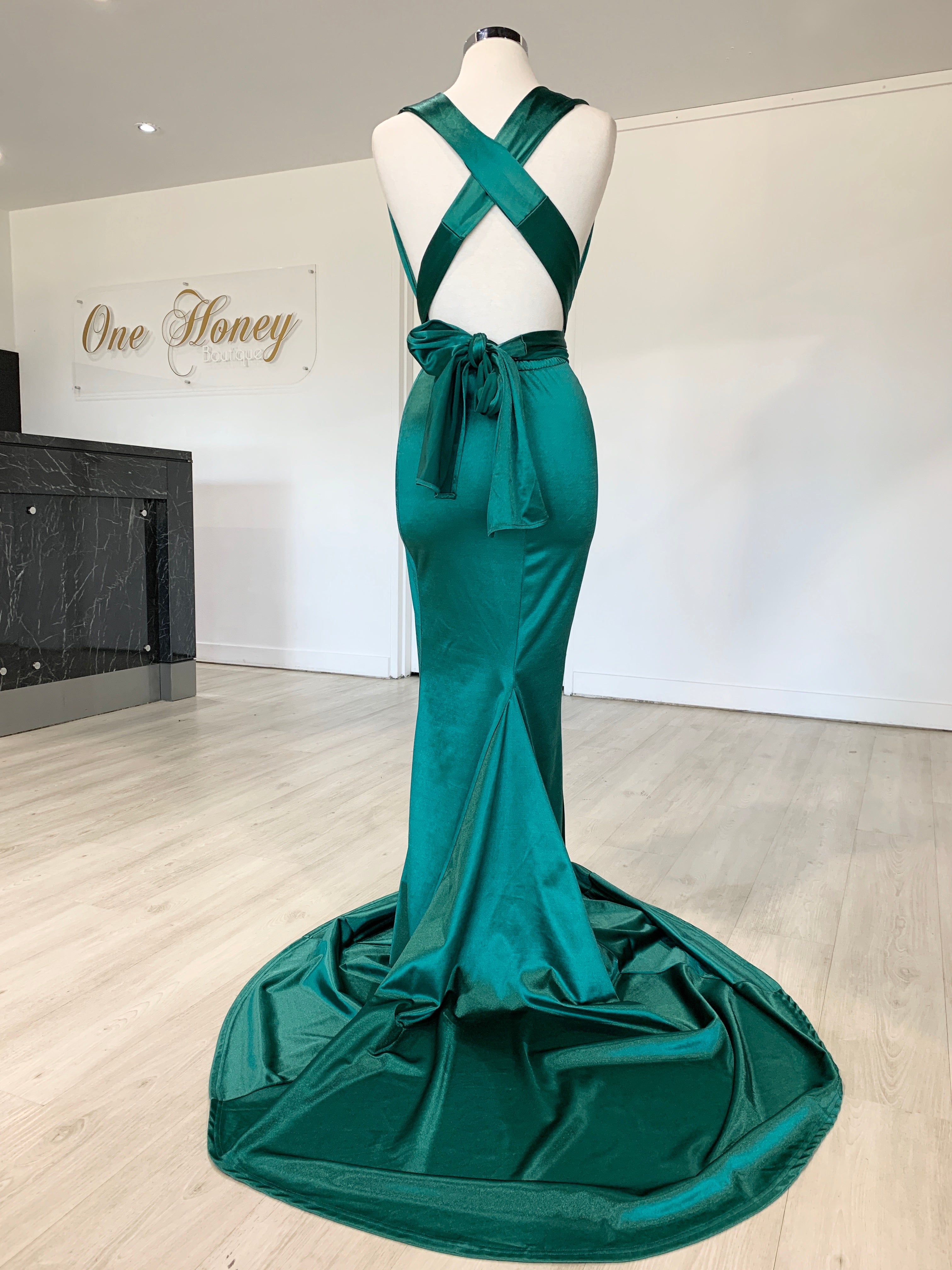 Honey Couture BLOSSUM Green Multi Tie Evening Gown Dress