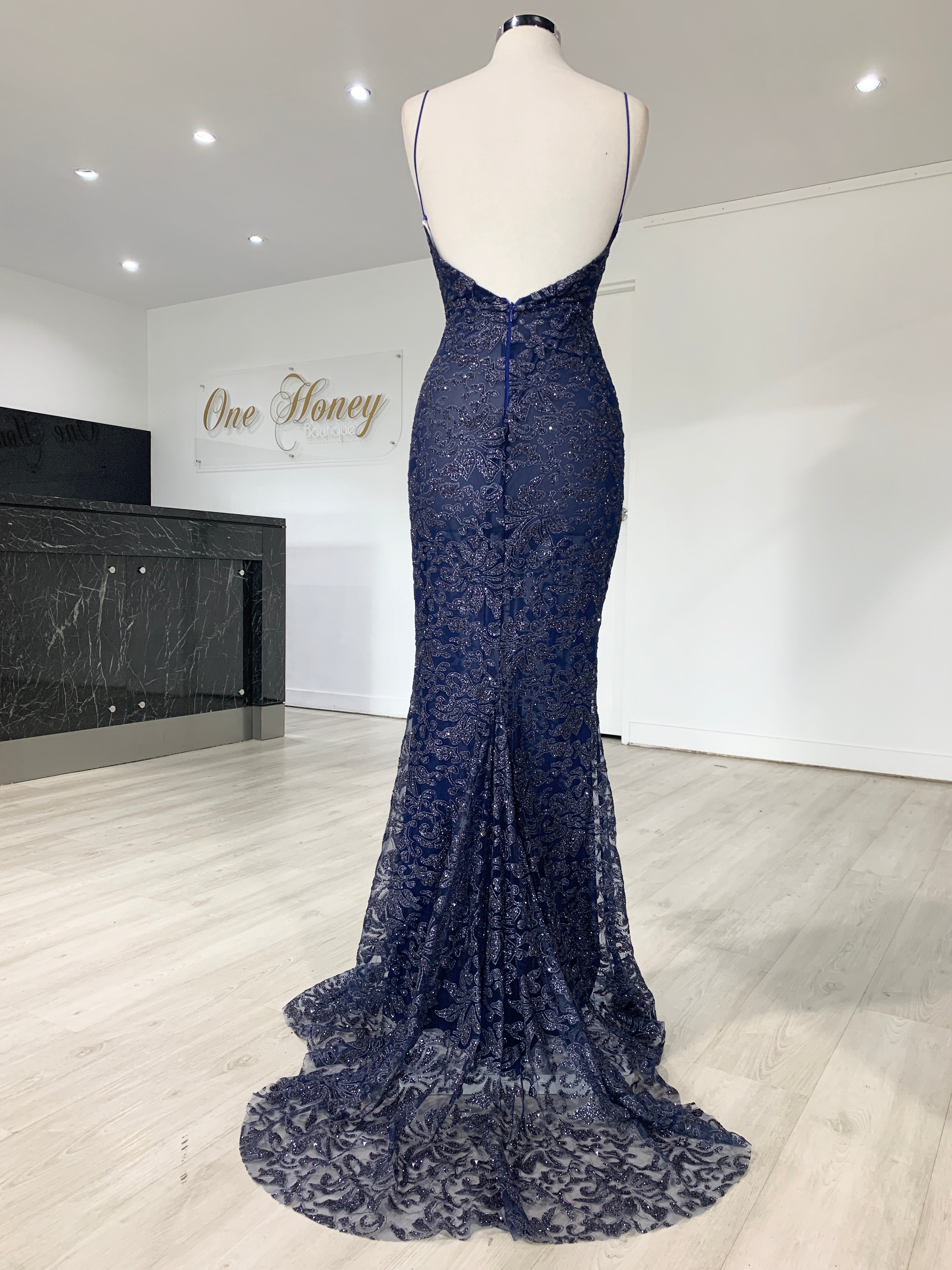 Honey Couture GRETA Blue Lace & Glitter Overlay Mermaid Formal Gown Dress