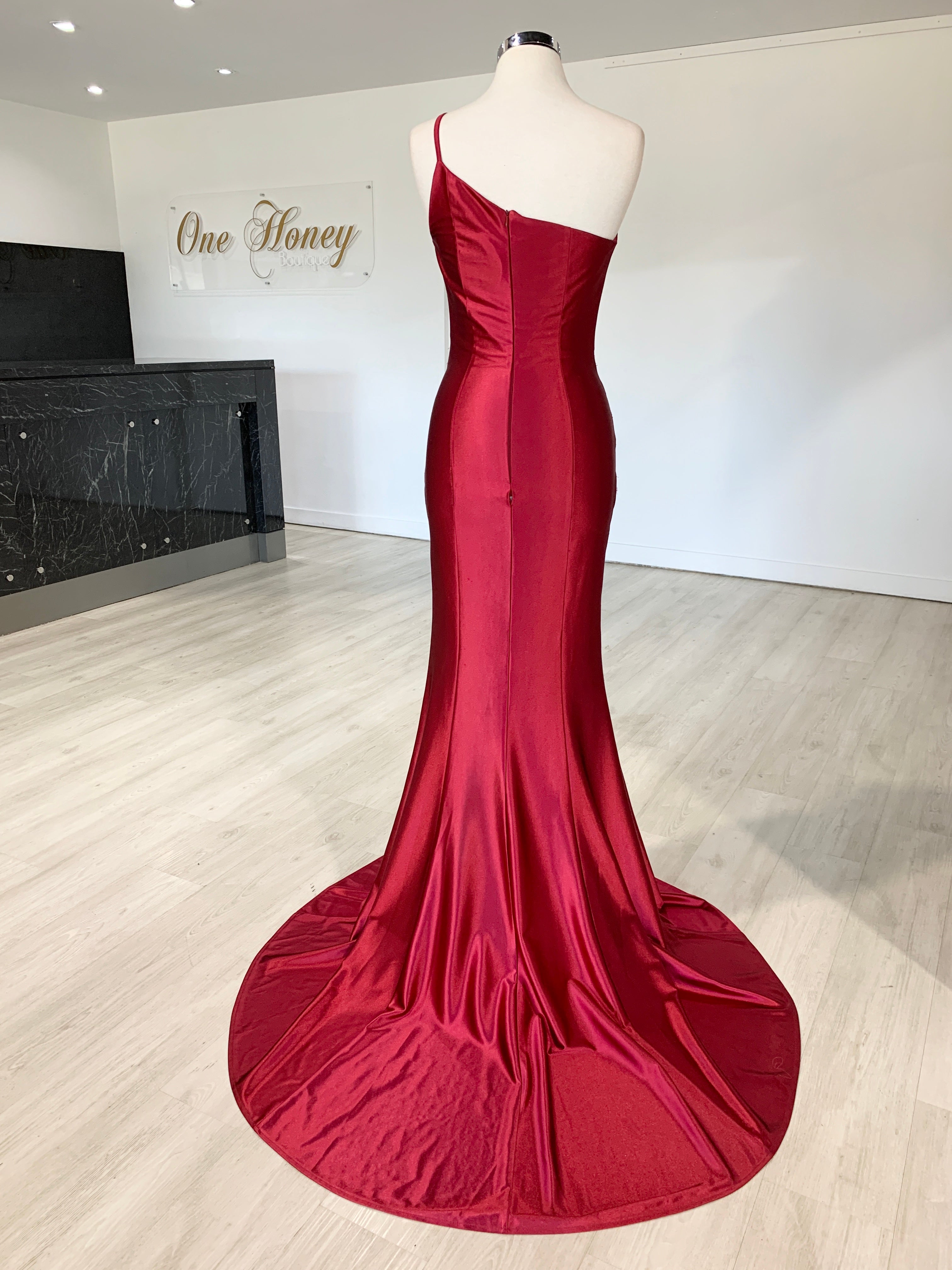 Honey Couture ANNABELL Burgundy One Shoulder Mermaid Evening Gown Dress