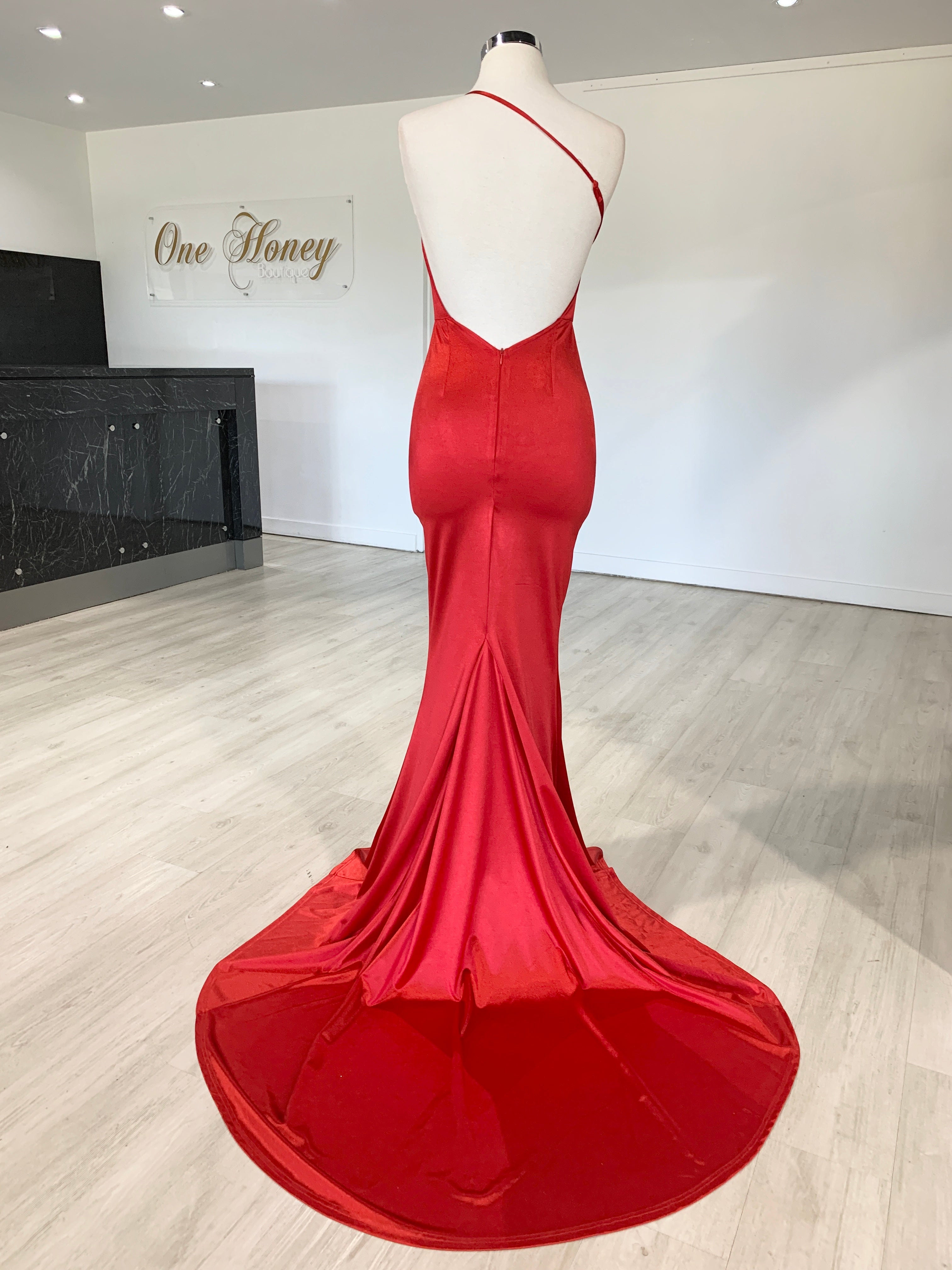 Honey Couture ABIGAIL Red Low Back Mermaid Evening Gown Dress