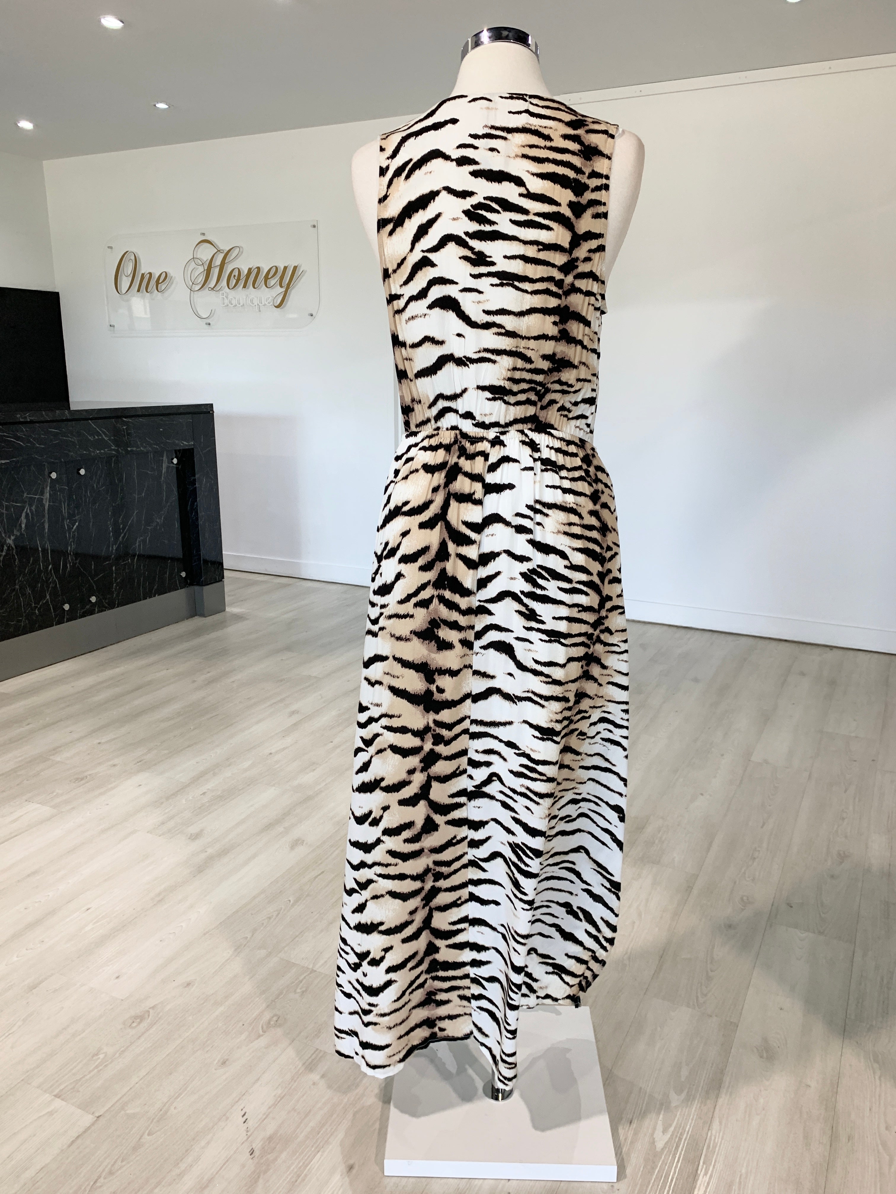 Label of Love White Tiger Animal Print Drawstring Maxi Dress