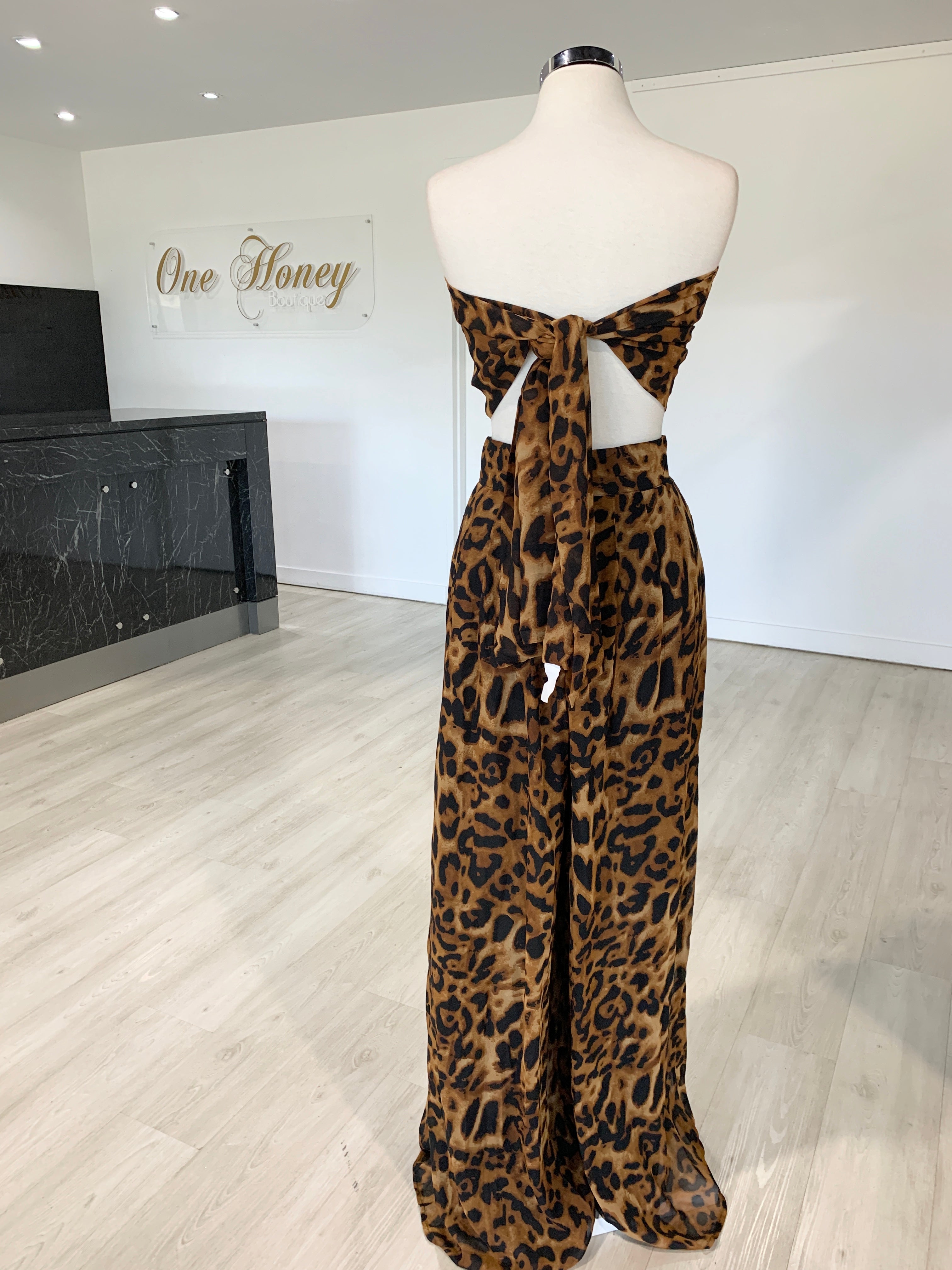 Honey Couture Brown Leopard Tie Bandeau w High Waisted Pants