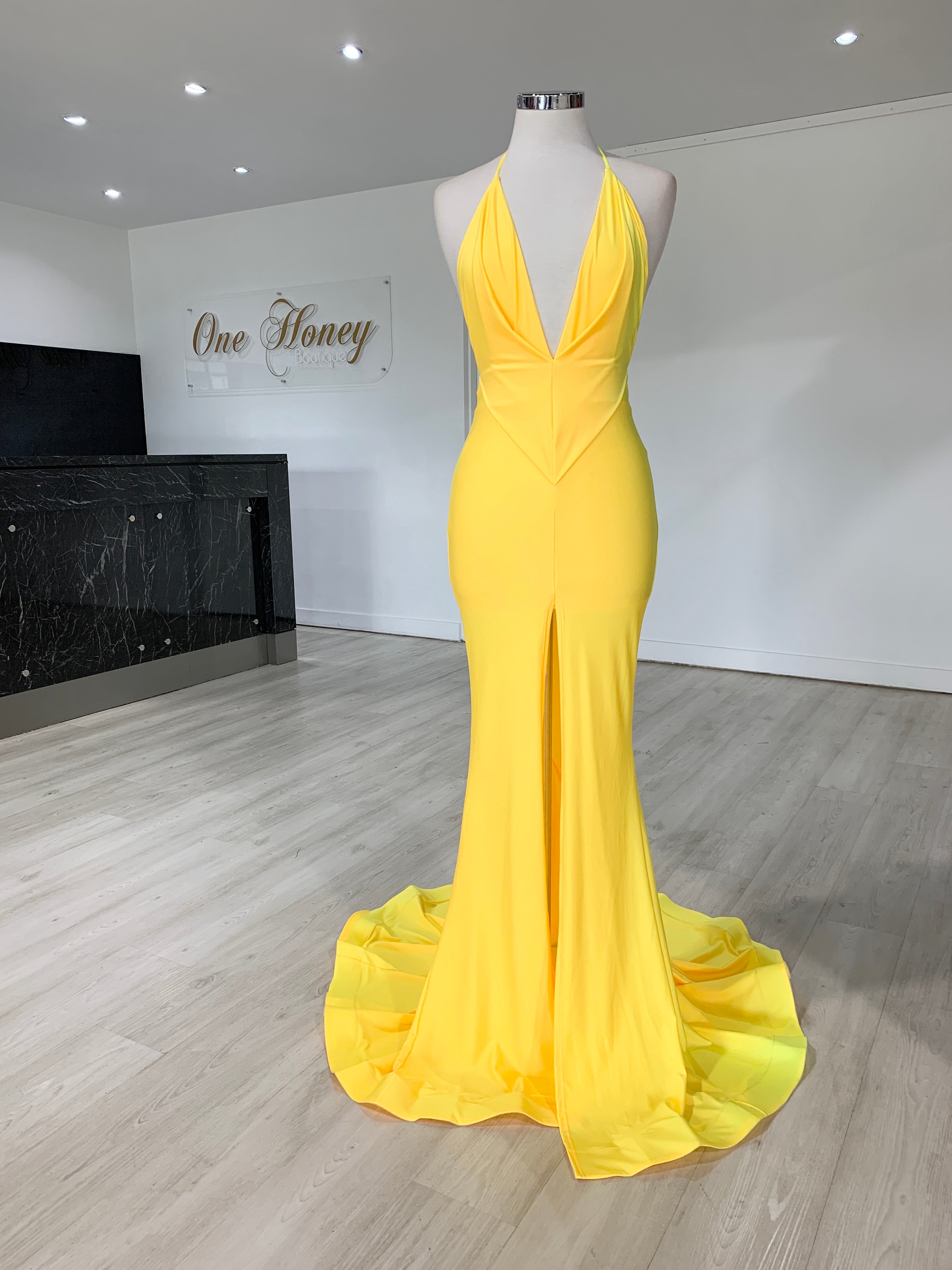 Honey Couture ARIANA Yellow Low Back Mermaid Evening Gown Dress