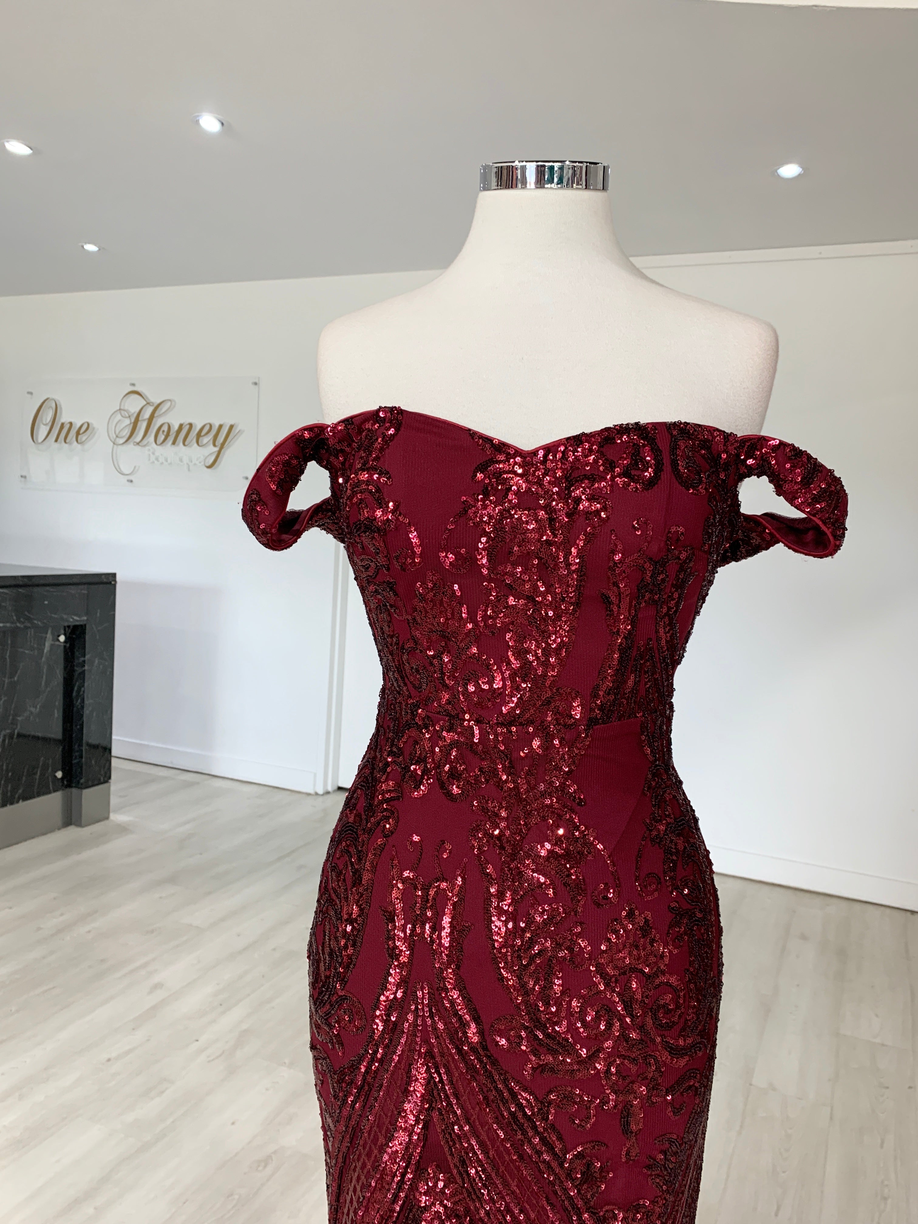 Honey Couture NISHIN Burgundy Off Shoulder Sequin Evening Gown Dress