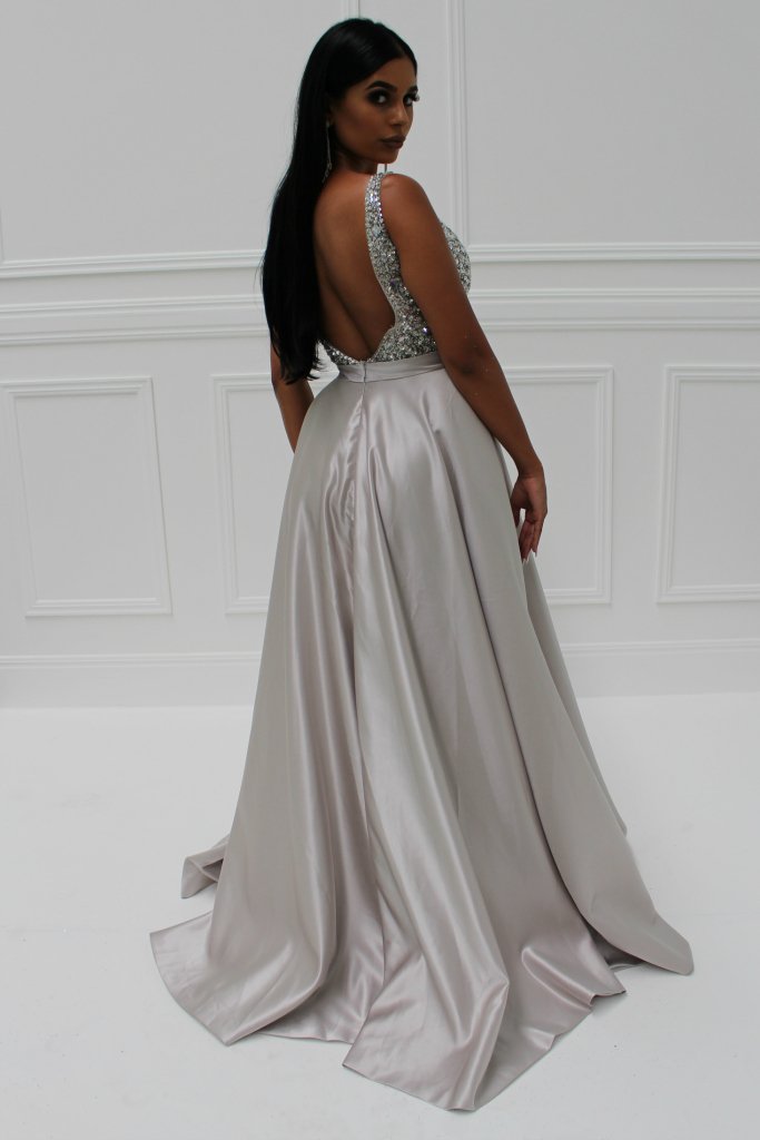 Honey Couture BROYN Silver Diamante Front Princess Ball Formal Gown Dress