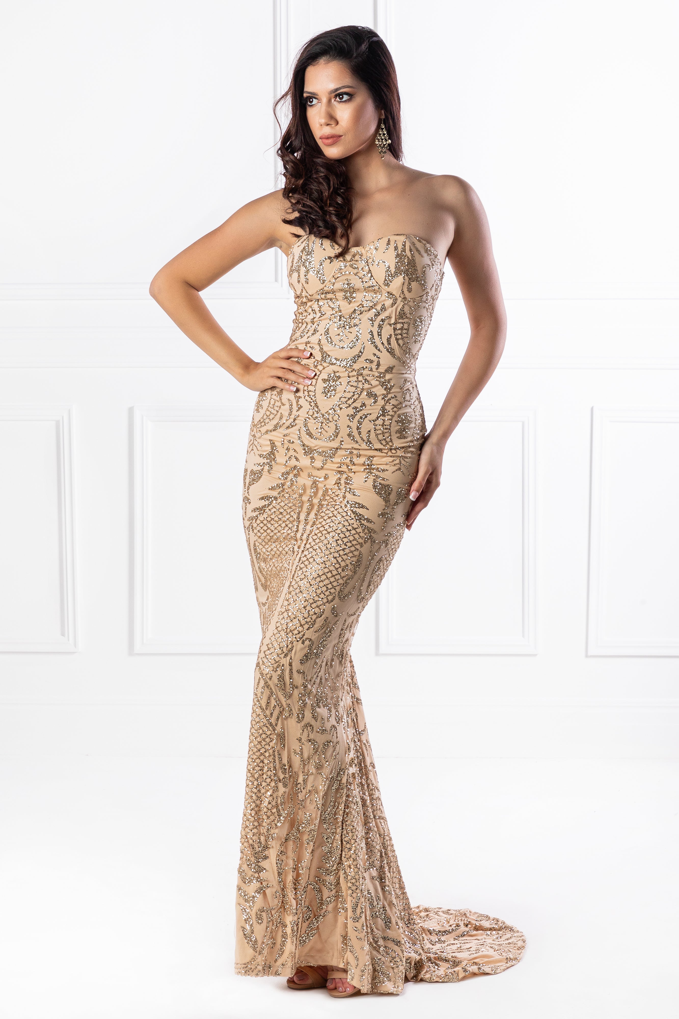 Honey Couture ALIZEY Gold Glitter Snakeskin Strapless Formal Gown Dress