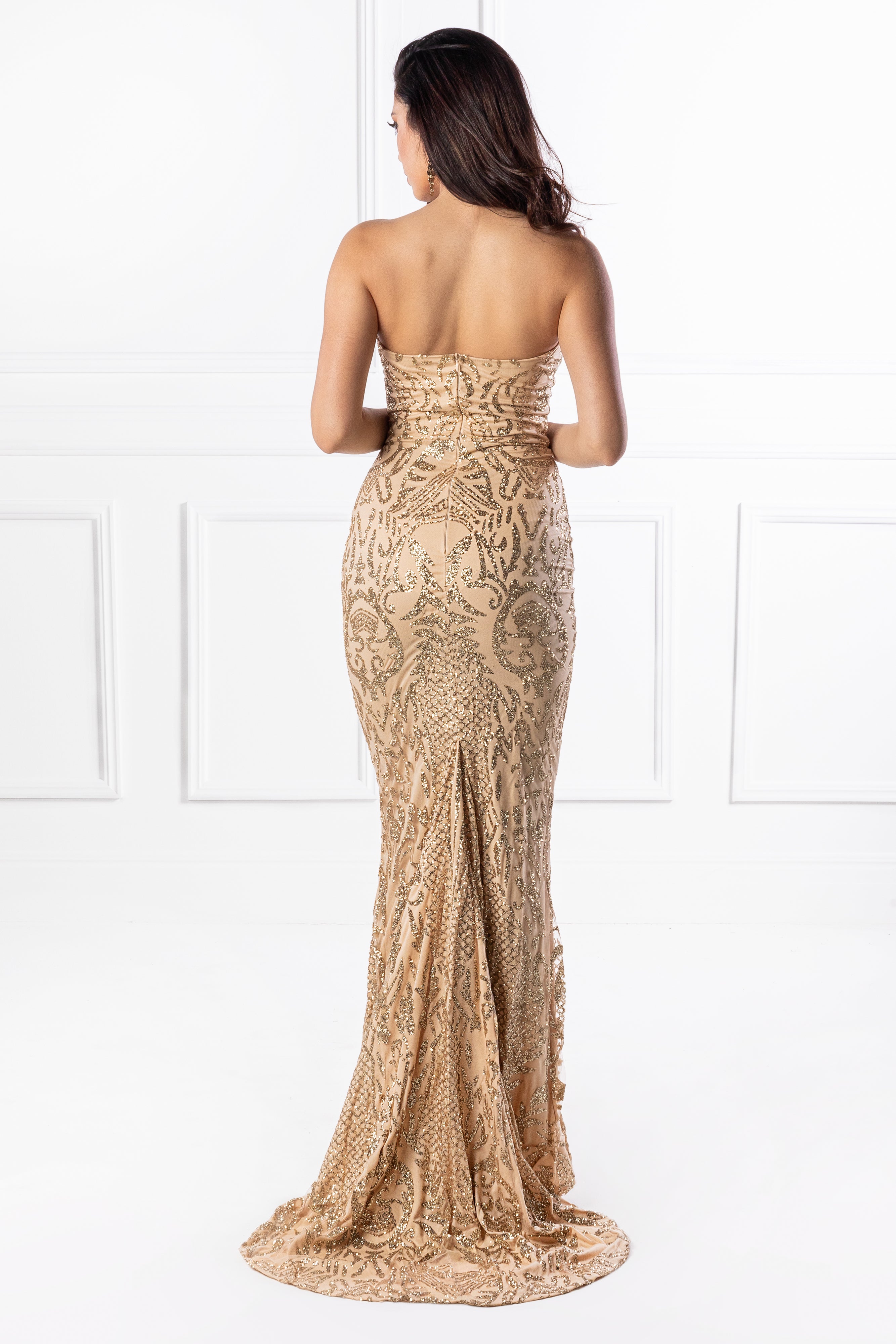 Honey Couture ALIZEY Gold Glitter Snakeskin Strapless Formal Gown Dress