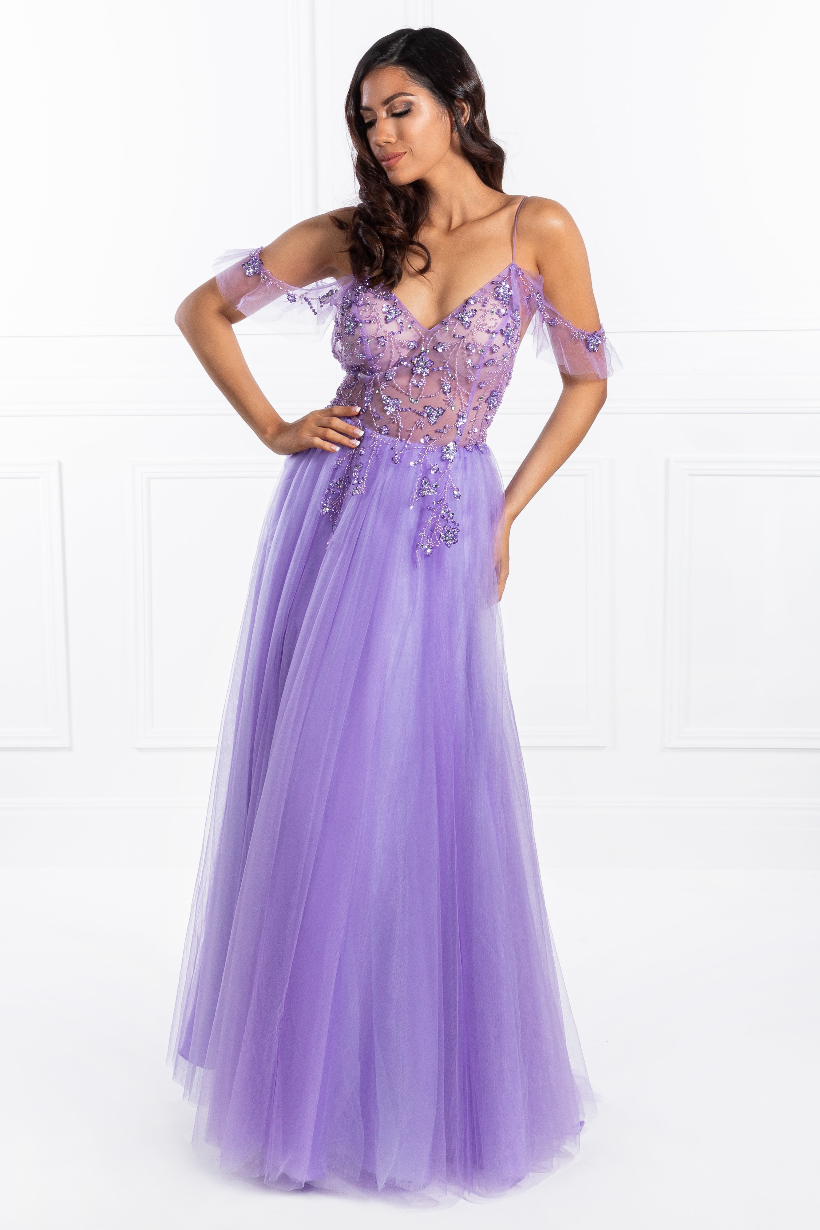 Honey Couture LOLA Purple Crystal Tulle Skirt Formal Dress