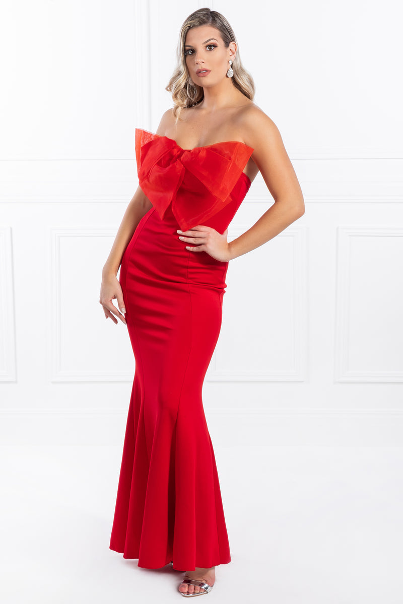 Honey Couture FREJA Red Bow Strapless Evening Gown Dress – One Honey ...