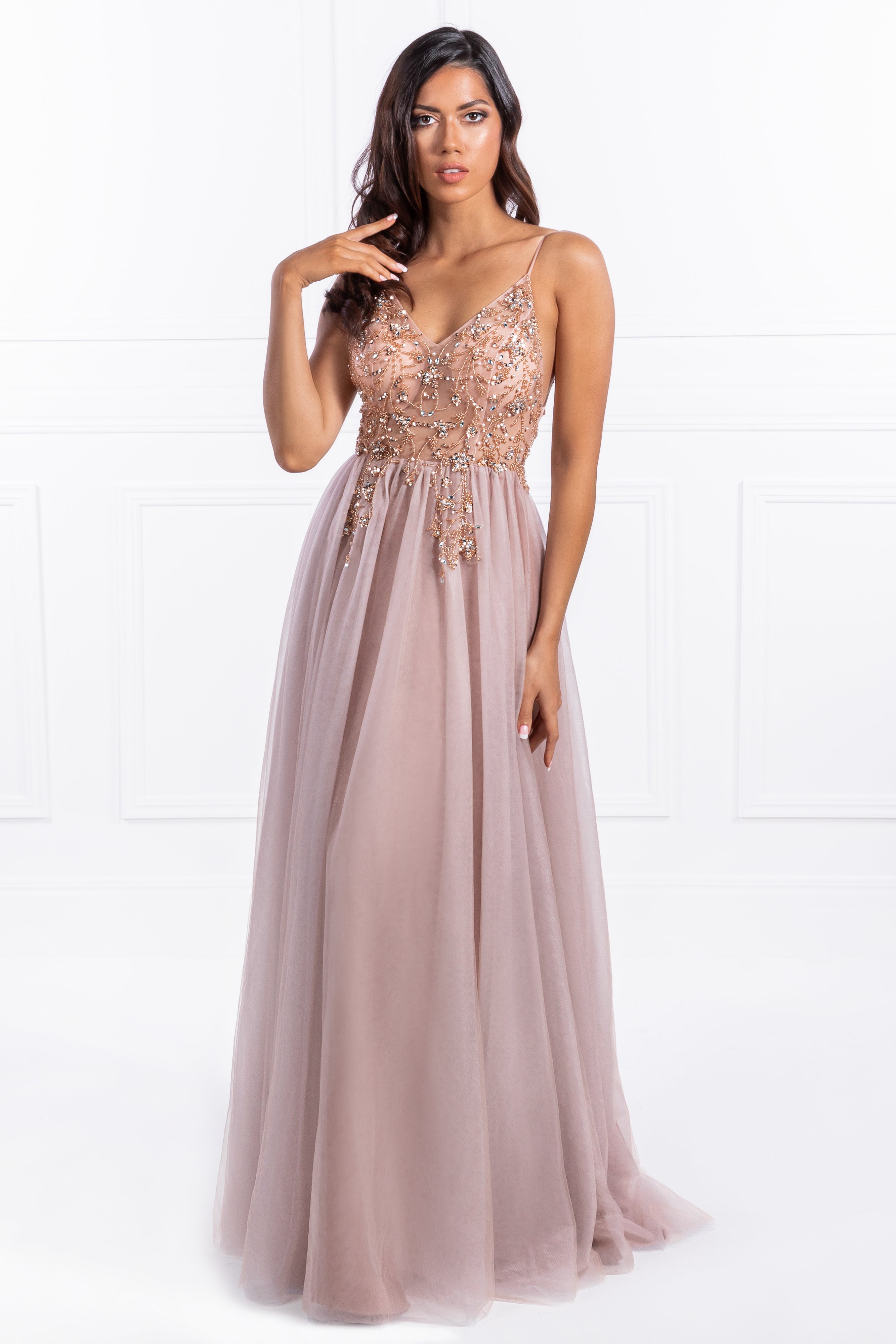 Honey Couture JANA Pink Crystal Beaded Tulle Formal Gown