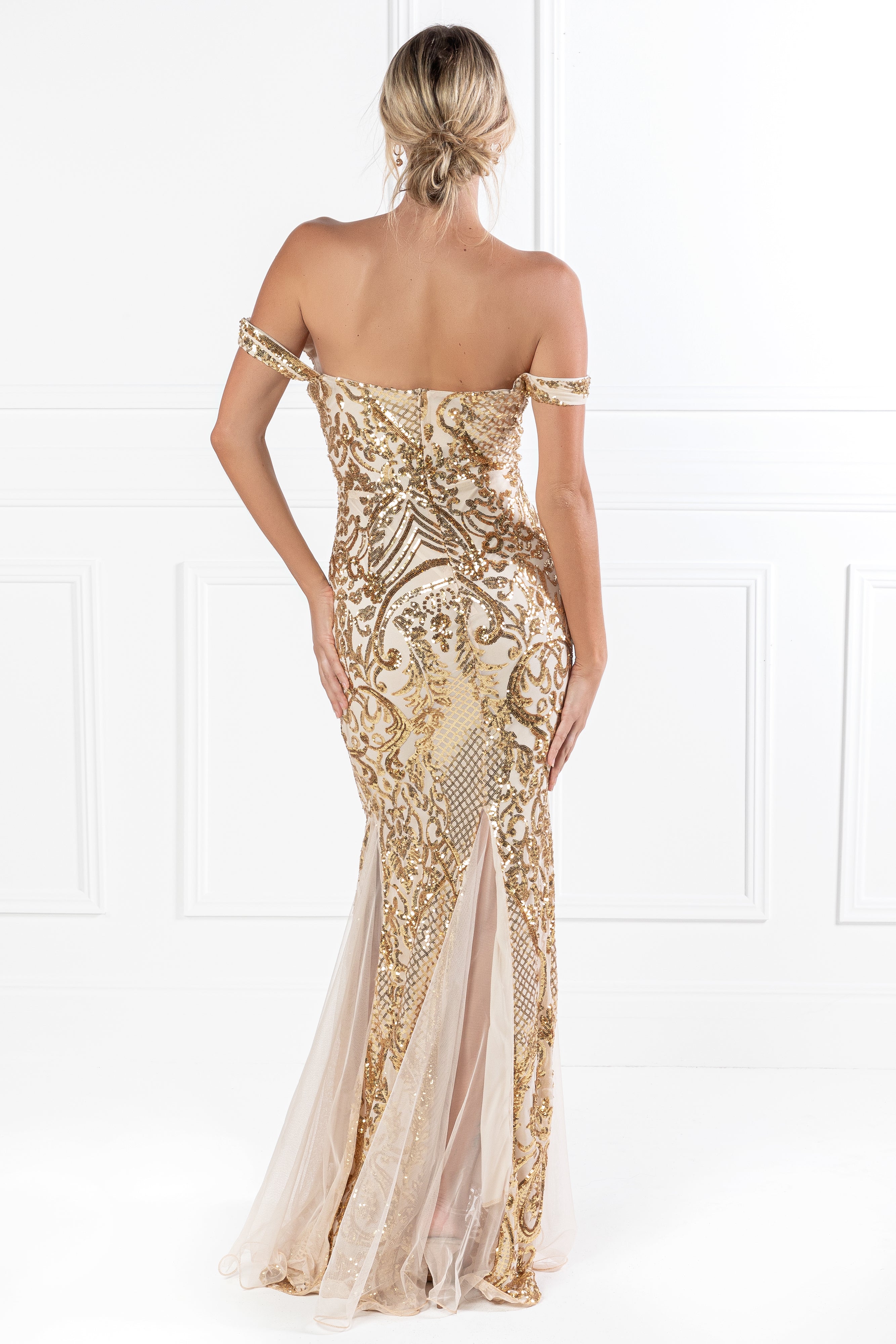 Honey Couture KIMBERLEY Gold Sequin Off Shoulder Formal Dress