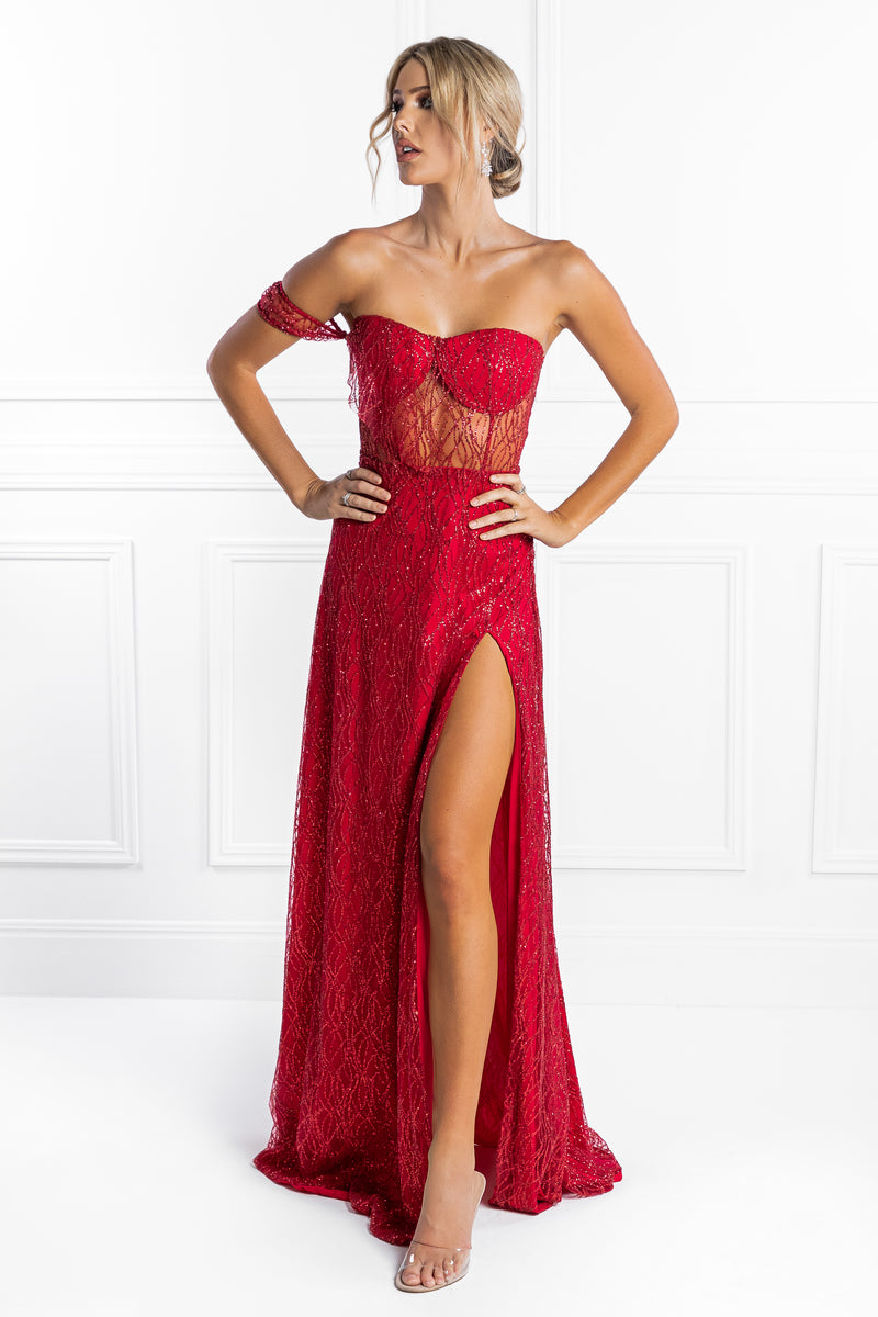 Honey Couture MARA Red Glitter One Sleeve Evening Gown Dress – One ...