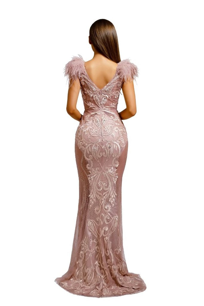 Portia & Scarlett FUFU Rose Gold Feather Mesh Couture Beaded Formal Gown