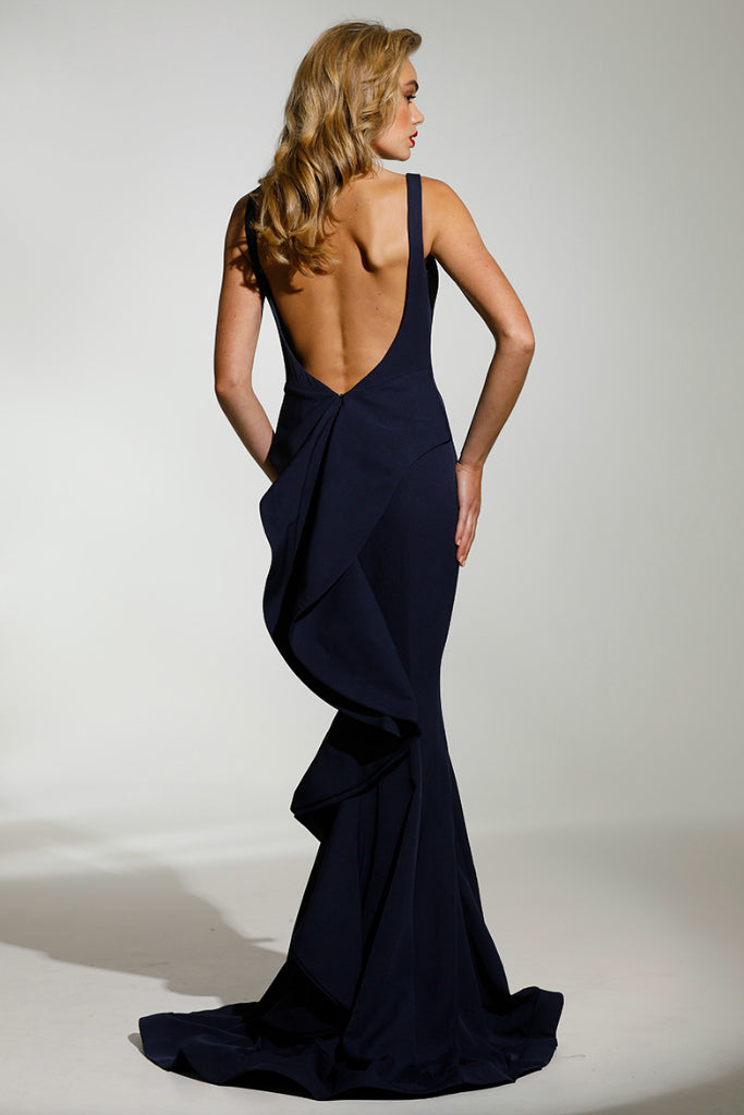 Tina Holly Couture T1708 Navy Blue Deep V Neckline w a Drape Back Formal Gown Dress