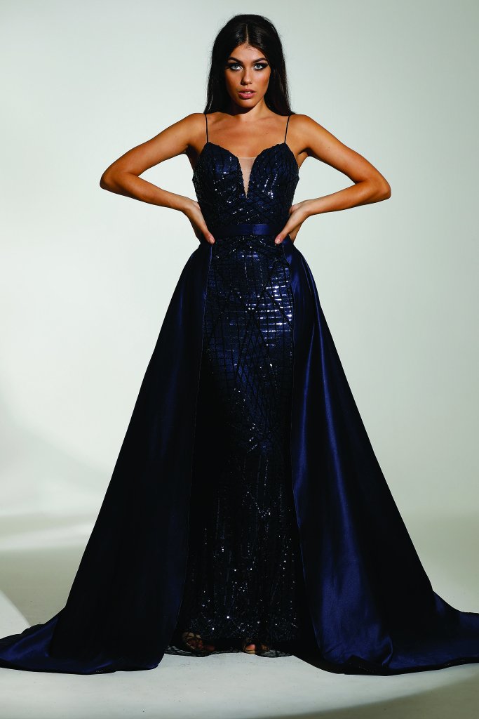 Tinaholy Couture T17128 Navy Blue Sequin Mermaid Skirt Formal Gown Prom Dress