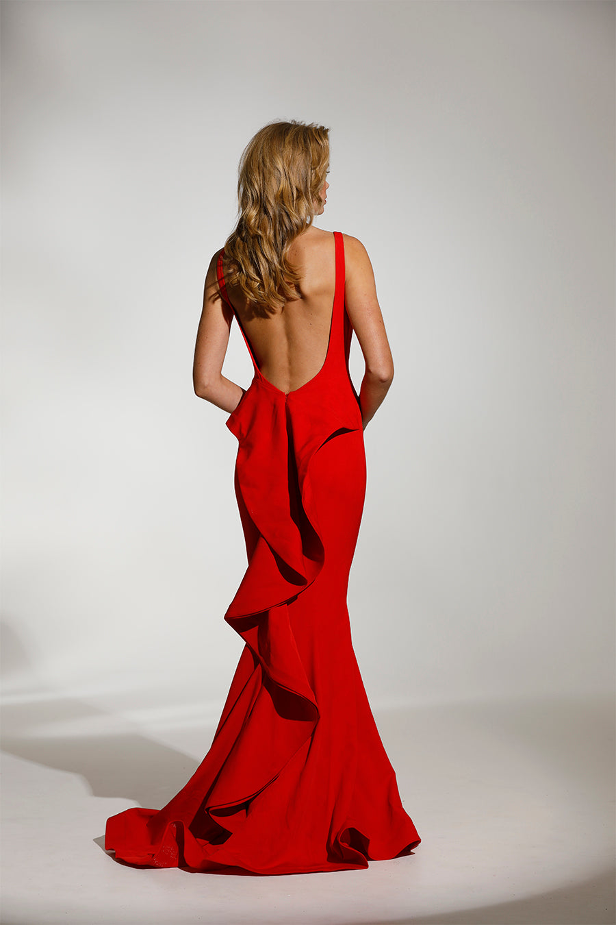 Tina Holly Couture T1708 Chili Red Deep V Neckline w a Drape Back Formal Gown Dress