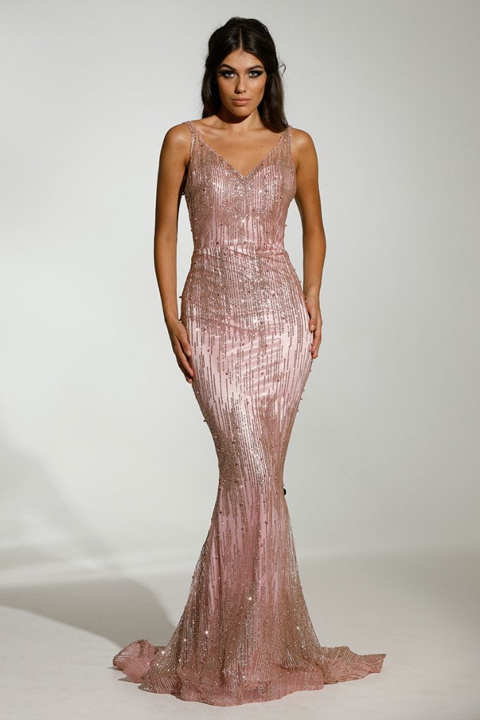 Tina Holly Couture T1843 Rose Pink Low Back Glitter Mermaid Formal Dress