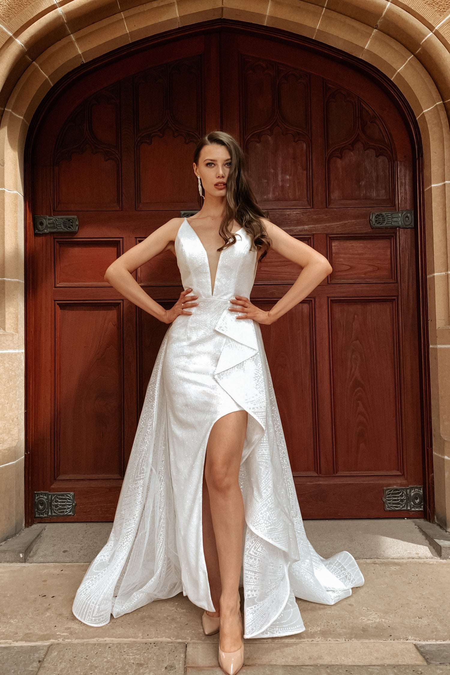 Tina Holly Couture T1844 White Glitter Deep V Bridal Formal Dress