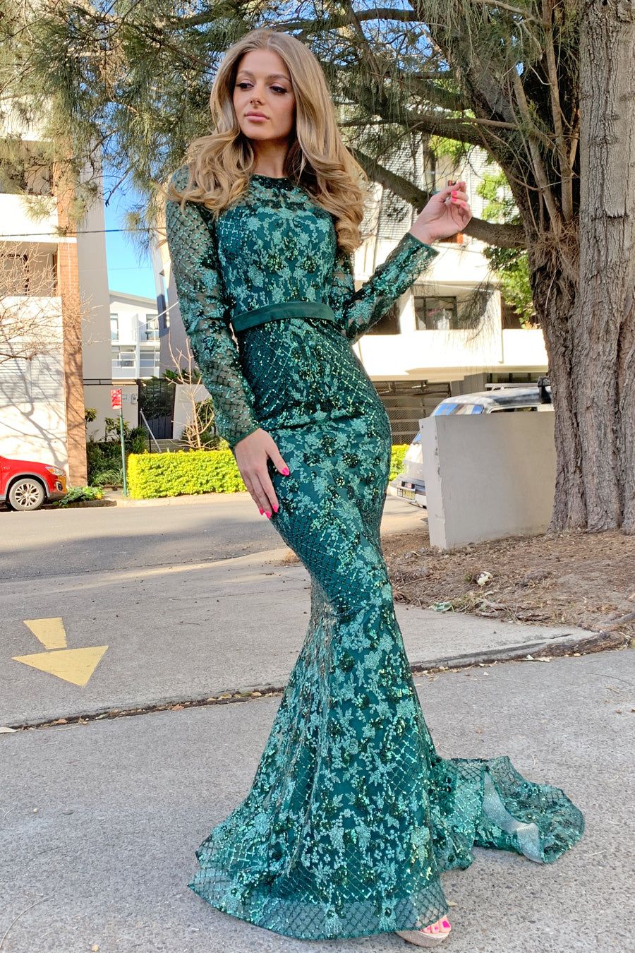 Tina Holly Couture TA139 Emerald Green Sequin Long Sleeve Mermaid Formal Dress