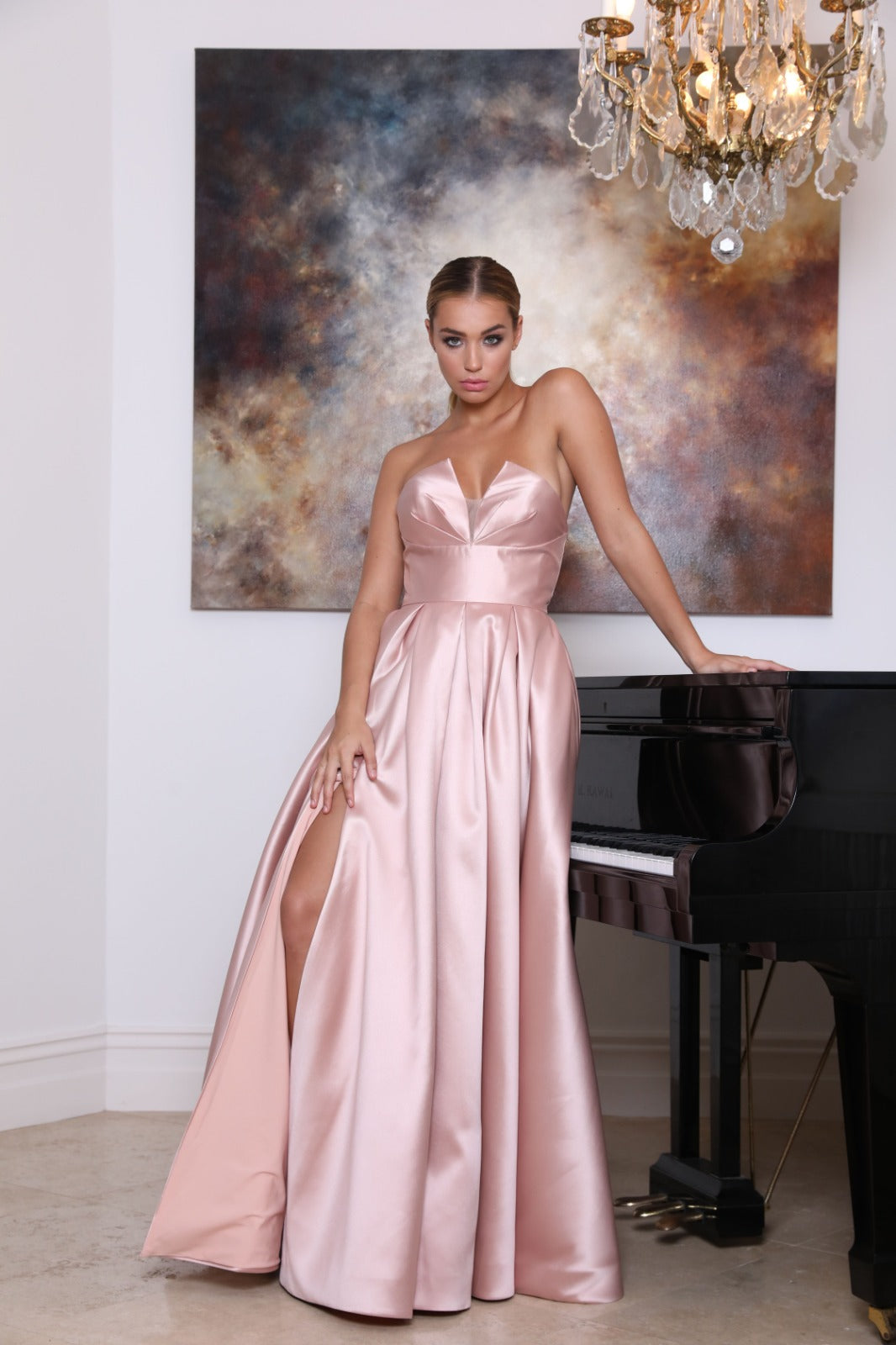 V Neck Lace Appliqued Dusty Pink Tulle Prom Dress - Promfy