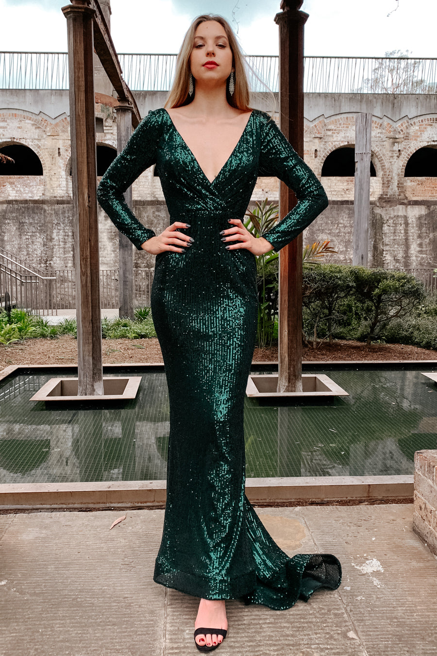 Tina Holly Couture Designer TA803 Emerald Green Long Sleeve Formal Dress