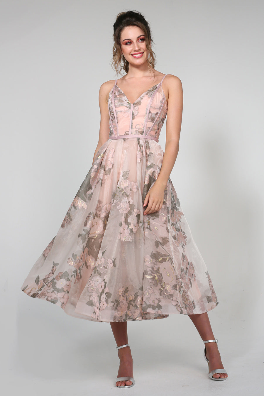 Tina Holly Couture Designer TA815 Pink Floral Mesh Tea Dress