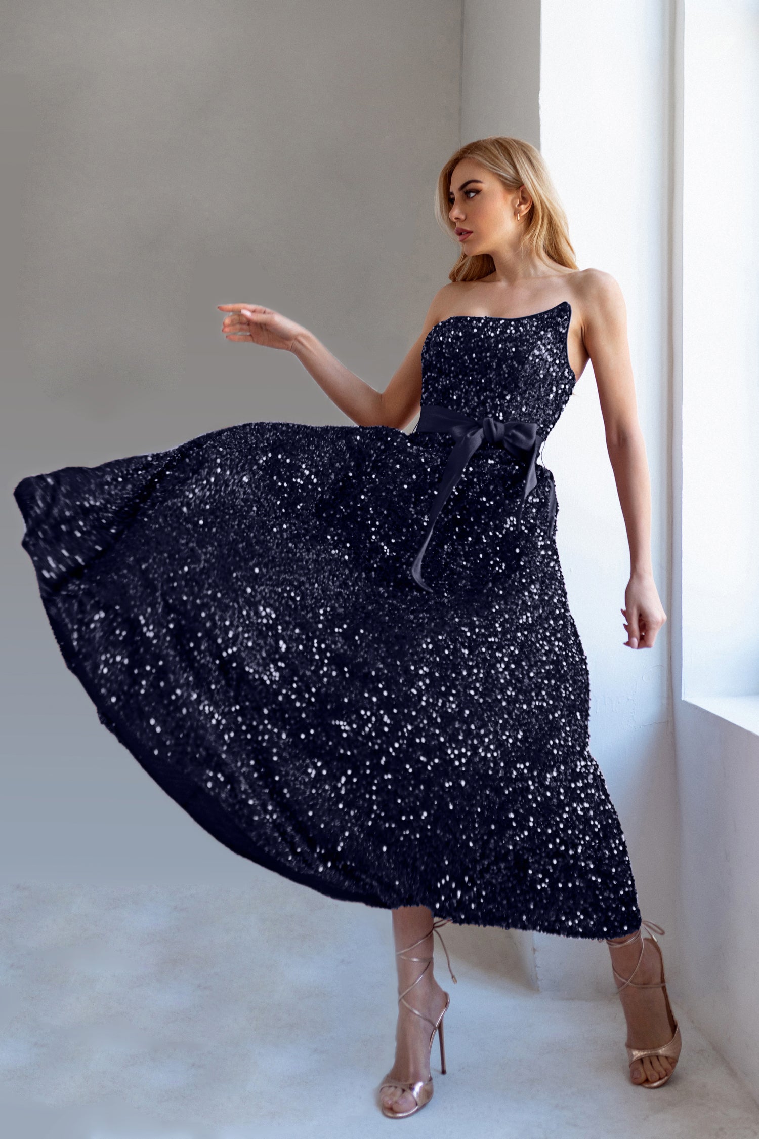 Tina Holly TK047 Navy Sequin With A Strapless Neckline A-line Midi Tea-Length Dress