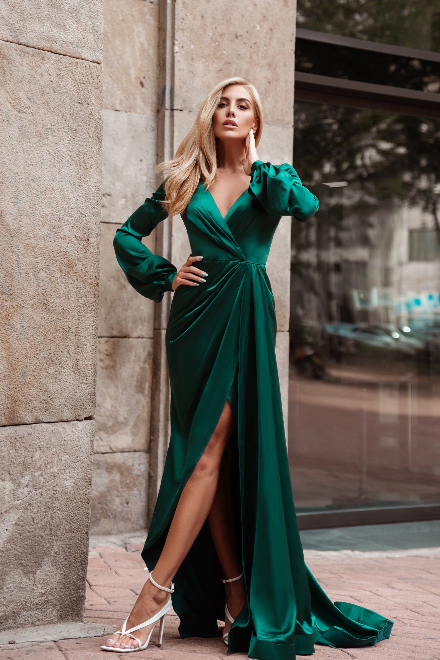 Tina Holly Couture Designer TK305 Emerald Green Silky Long Sleeved Formal Gown