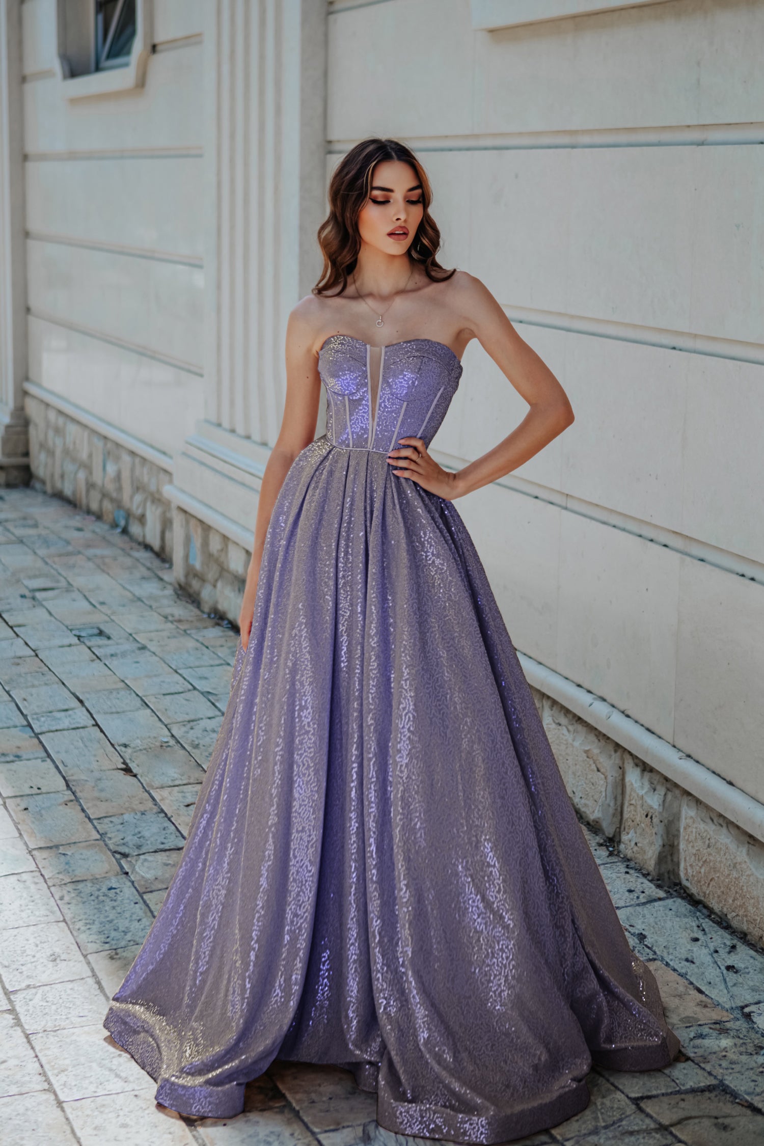 Tina Holly Couture TW079 Lilac Crossover Plunging Neckline With Spaghe