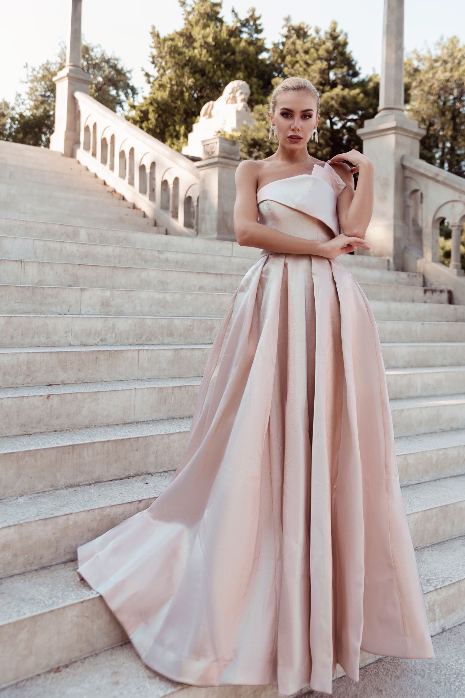 Tina Holly Couture TW071 Pink Champagne Strapless Straight Neck With An A-Line Fit Formal Dress