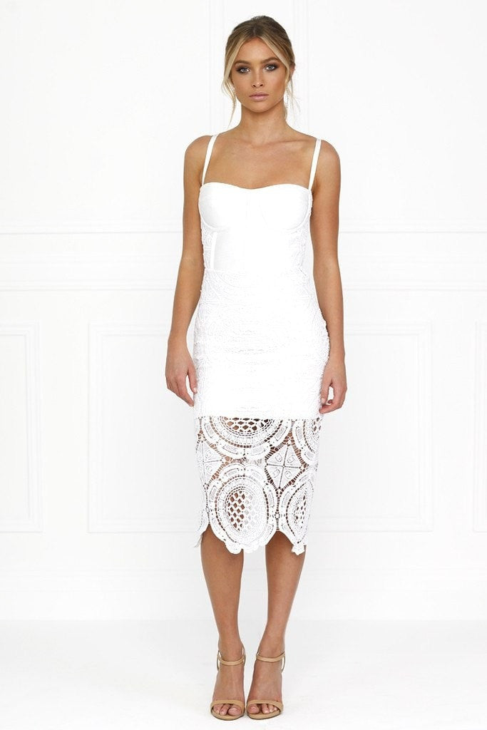 Honey Couture MICHELLE White Lace & Crochet Bustier Bodycon Dress