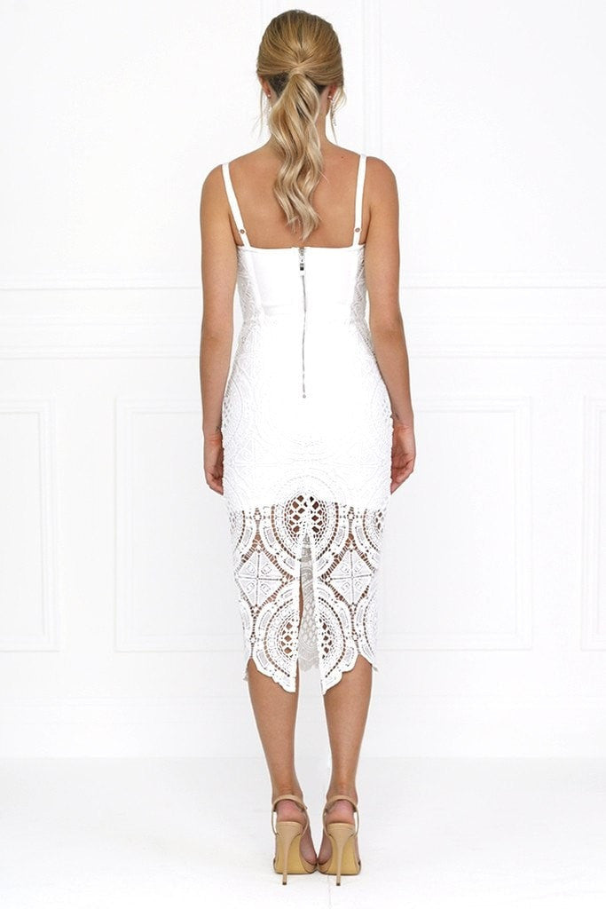 Honey Couture MICHELLE White Lace & Crochet Bustier Bodycon Dress