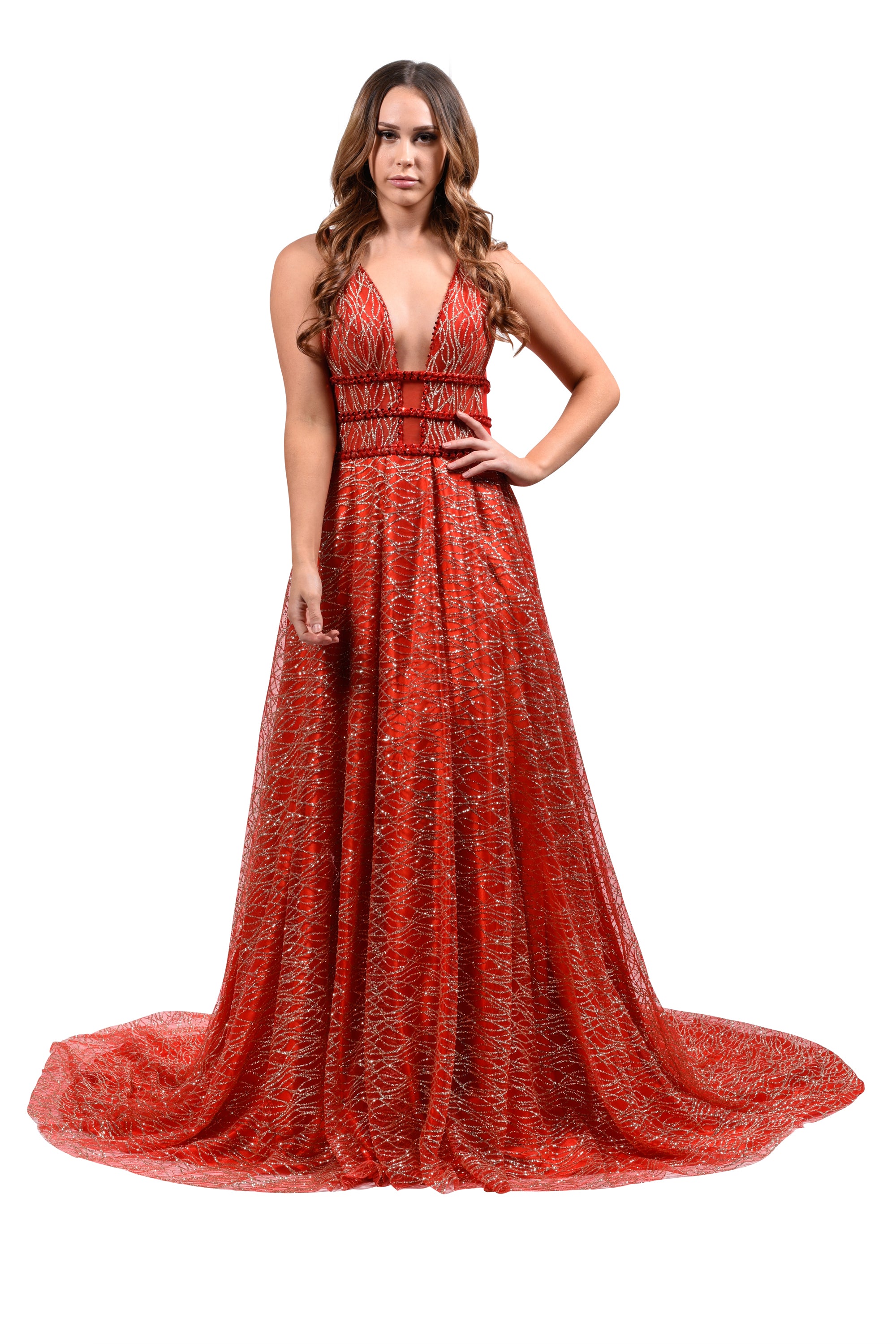 Honey Couture GLORIA Red Gold Glitter Infused Formal Ball Gown