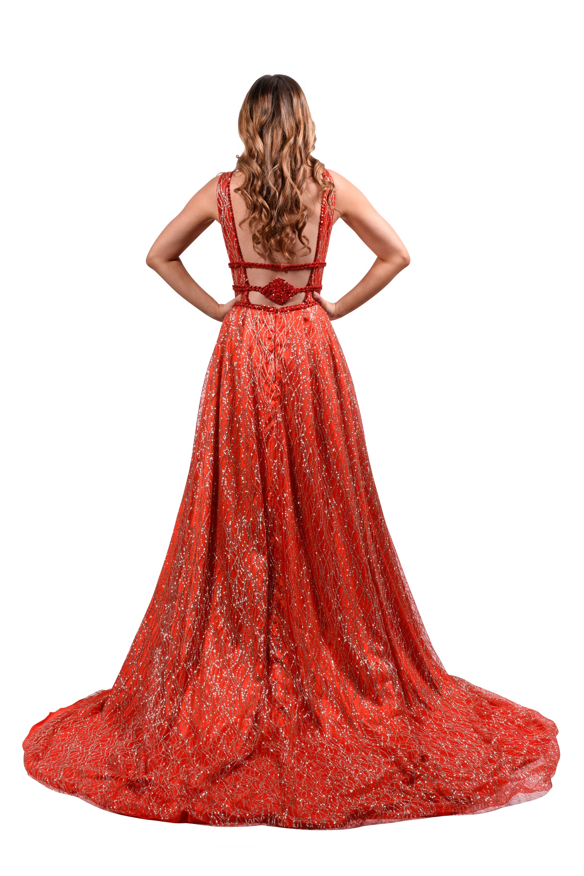 Honey Couture GLORIA Red Gold Glitter Infused Formal Ball Gown