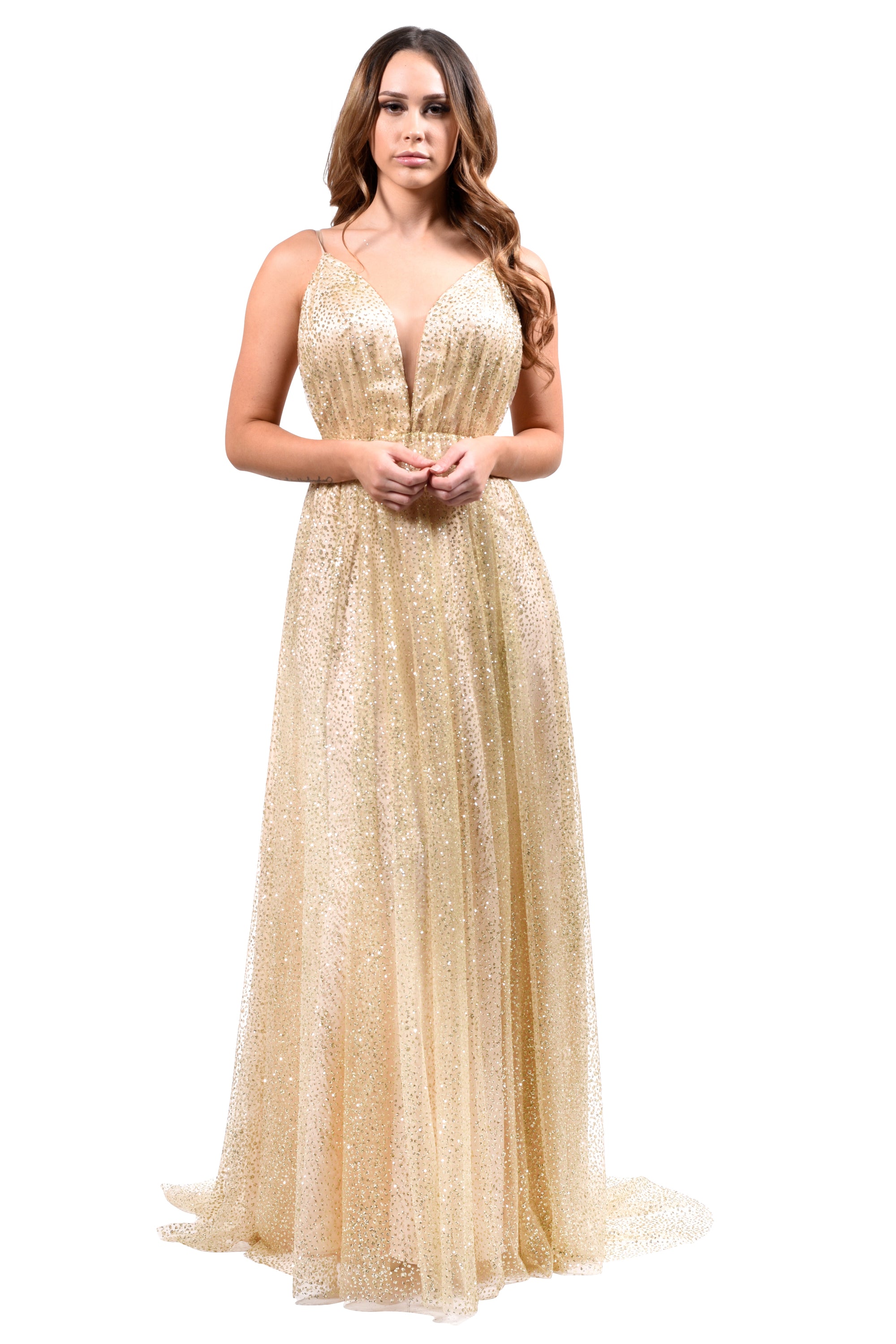 Honey Couture GEORGIA Gold Glitter Formal Gown