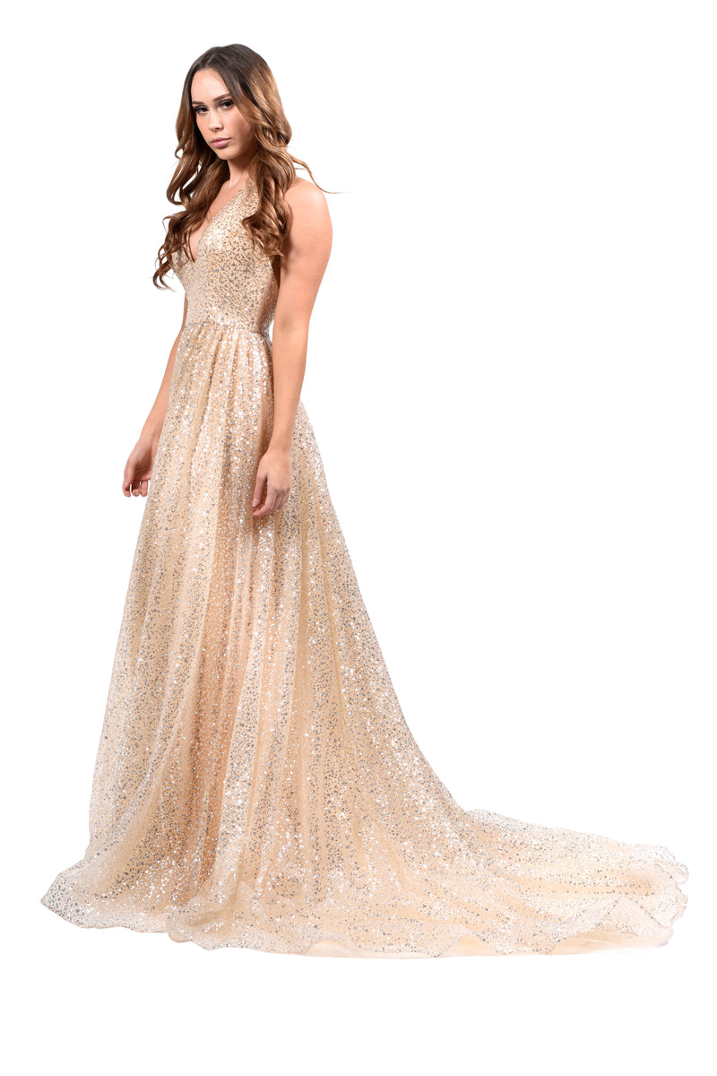 Honey Couture CATALINA Gold Sequin Halter Neck Formal Gown Private Label$ AfterPay Humm ZipPay LayBuy Sezzle