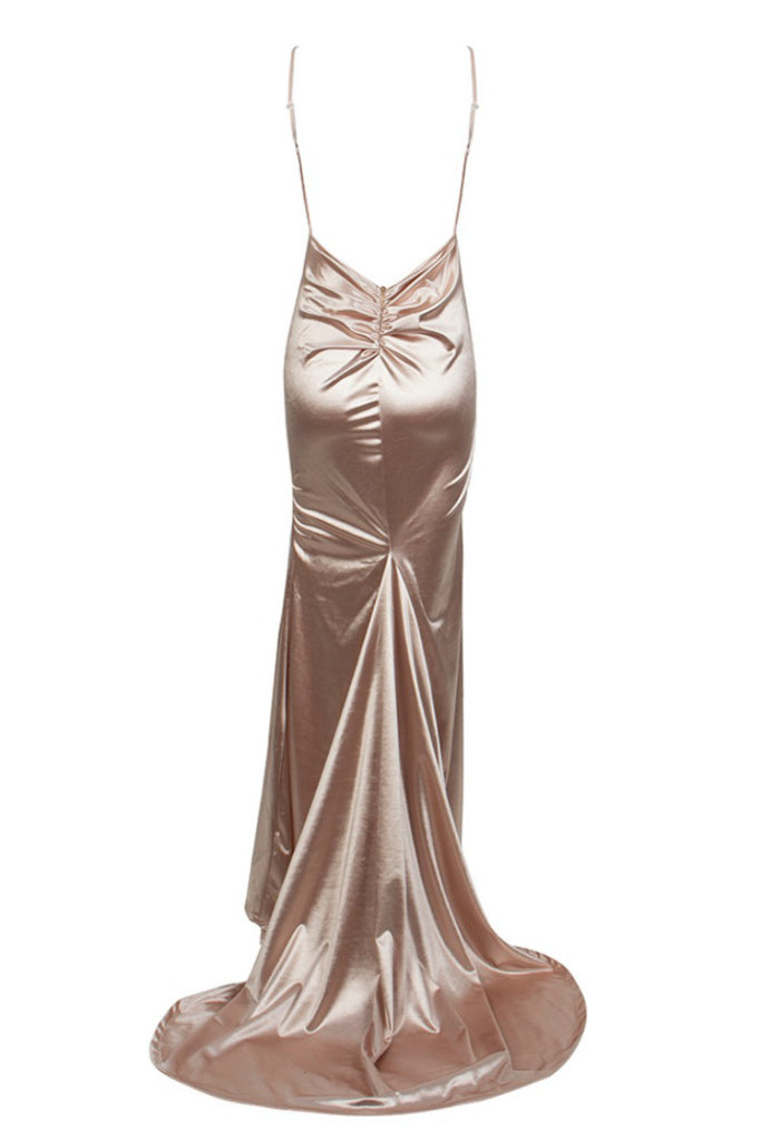 Honey Couture MILEE Nude Gold Split Low Back Mermaid Evening Gown Dress